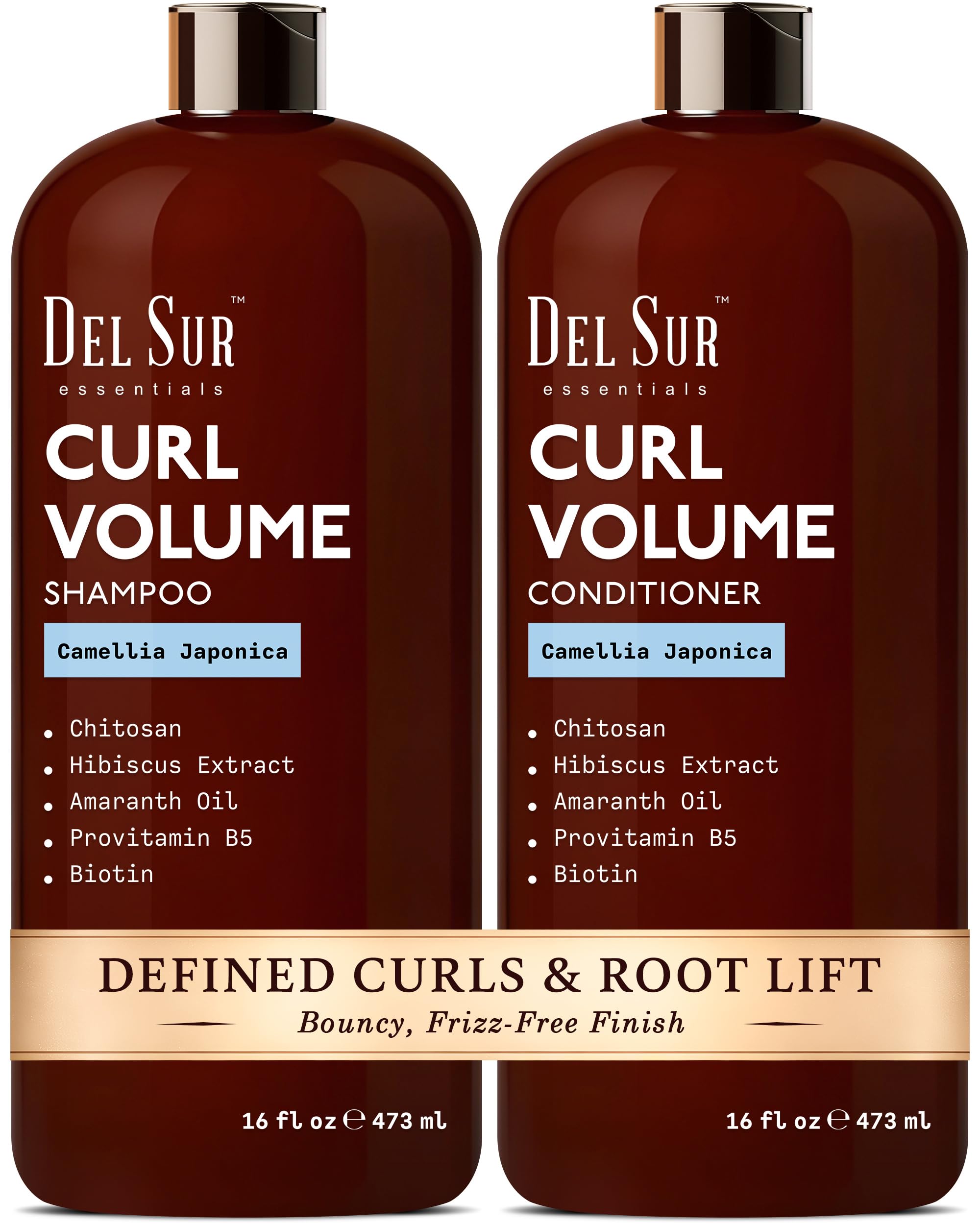 DEL SUR Curly Hair Shampoo & Conditioner Set — 16 oz Each | Camellia Japonica, Hibiscus & Amaranth Oil for Curl Definition, Volume & Hydration