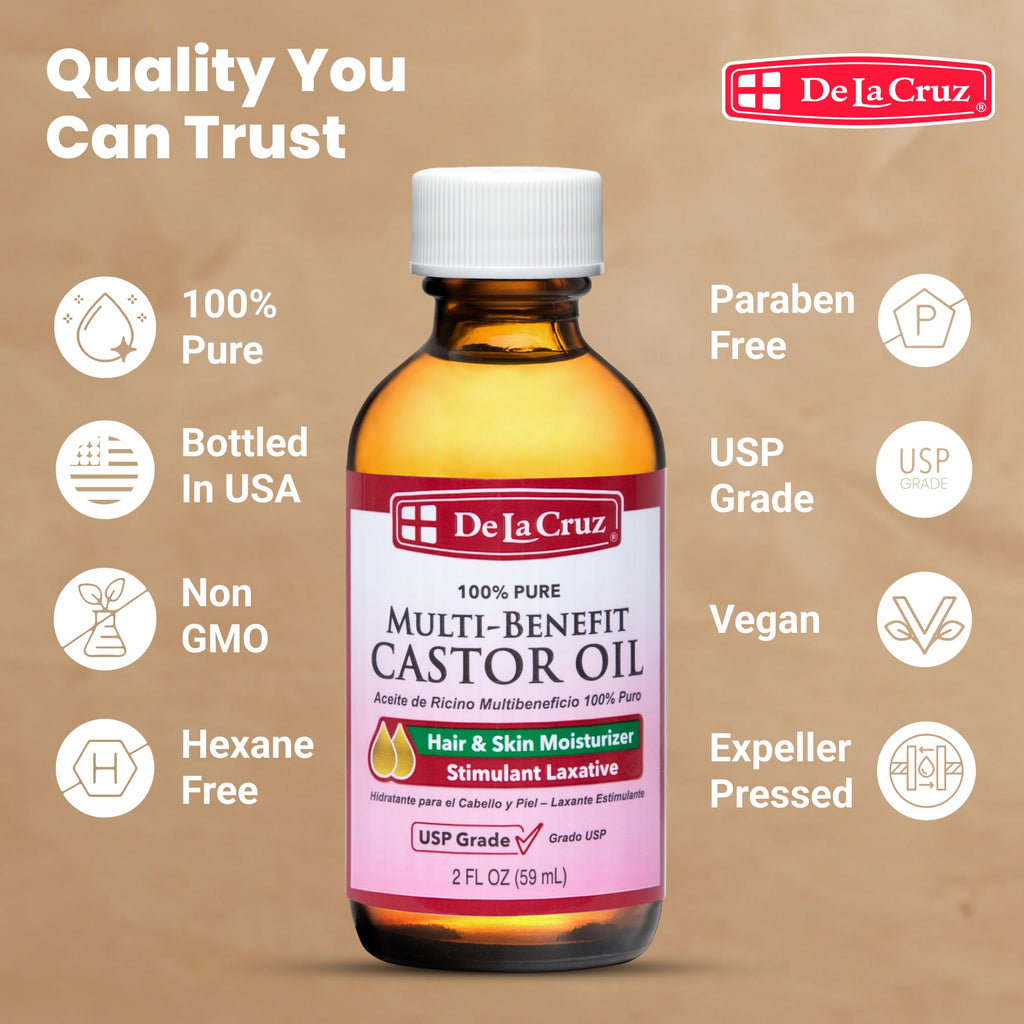 De La Cruz Castor Oil – 100% Pure USP-Grade Castor Oil for Hair, Skin, Lashes, and Eyebrows | 2 fl oz (3 Glass Bottles)