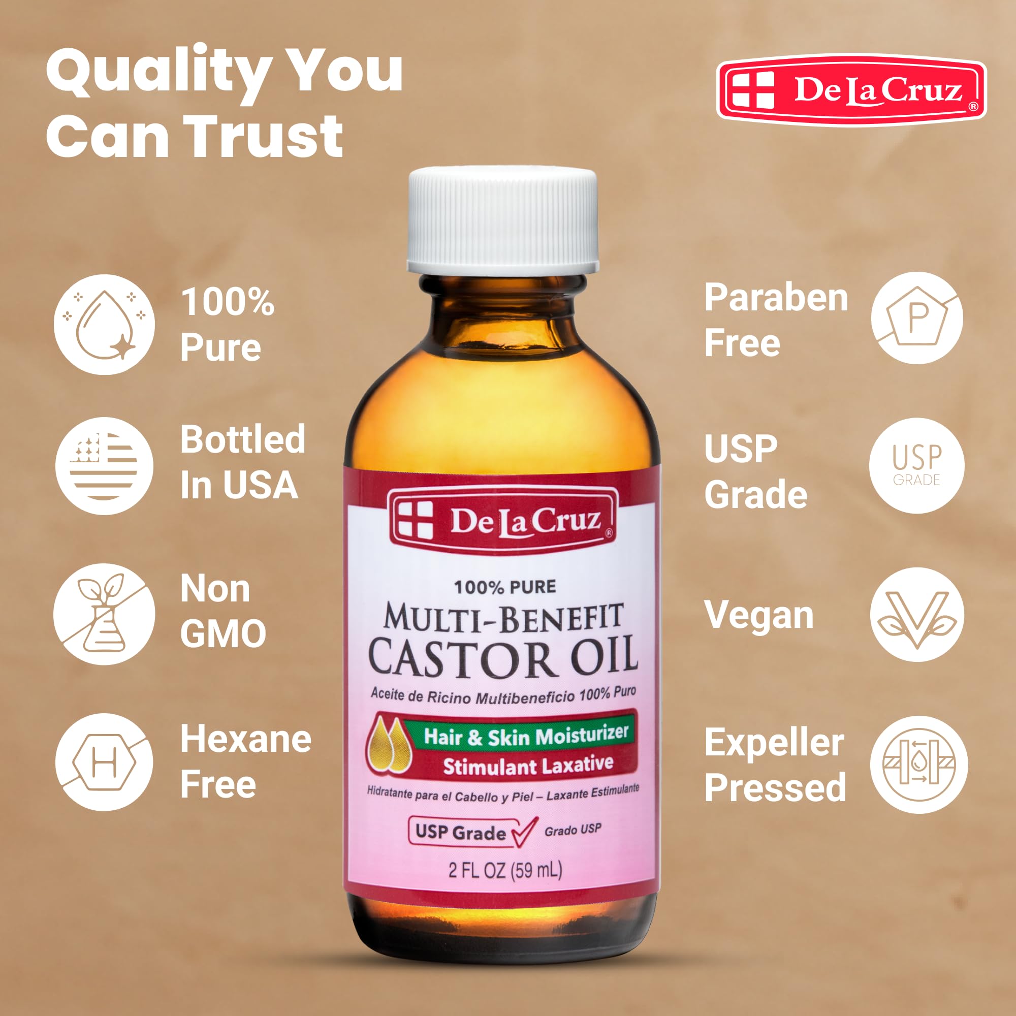 De La Cruz Castor Oil – 100% Pure USP-Grade Castor Oil for Hair, Skin, Lashes, and Eyebrows | 2 fl oz (3 Glass Bottles)