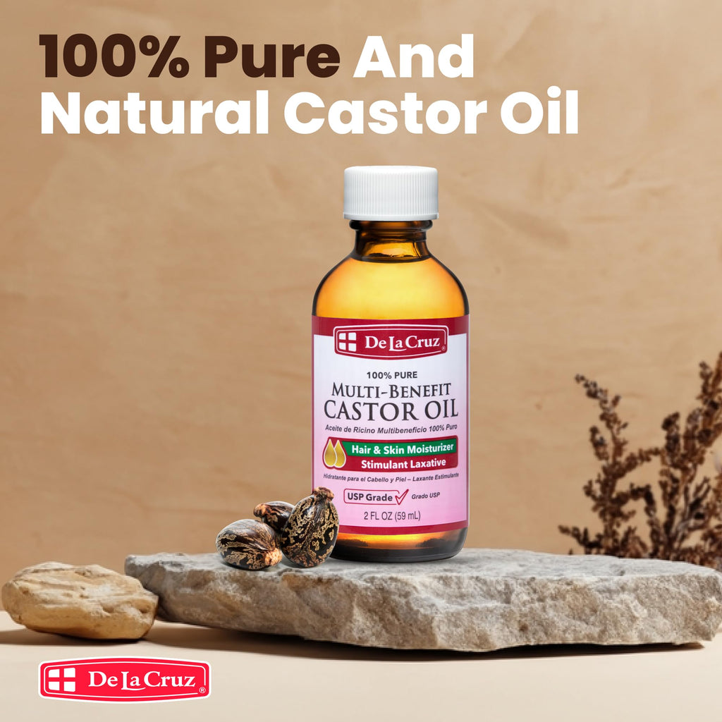 De La Cruz Castor Oil – 100% Pure USP-Grade Castor Oil for Hair, Skin, Lashes, and Eyebrows | 2 fl oz (3 Glass Bottles)