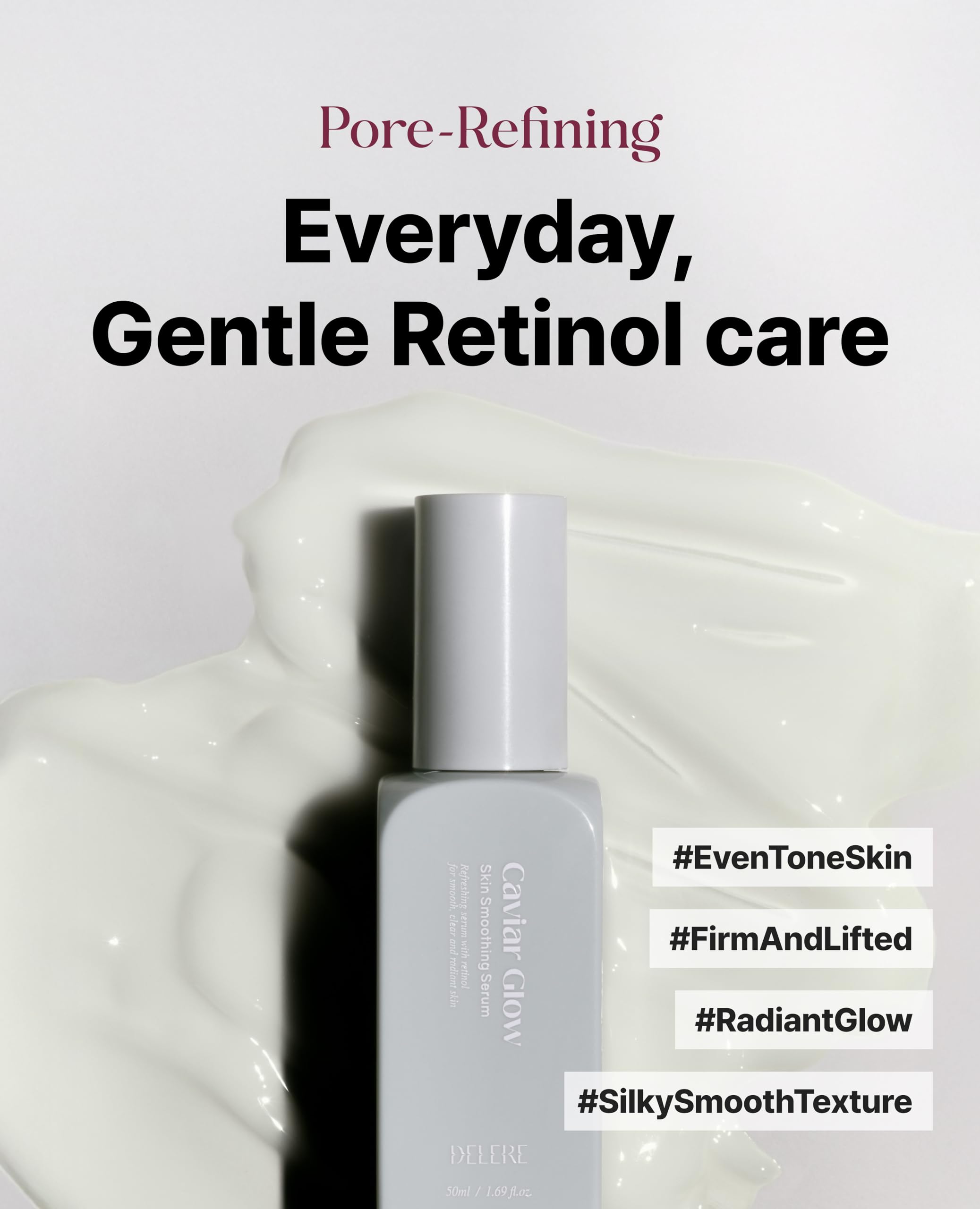 Delere Caviar Glow Serum — Smoothing Caviar Collagen with Niacinamide & Retinol for Radiant Glass Skin | 1.7oz