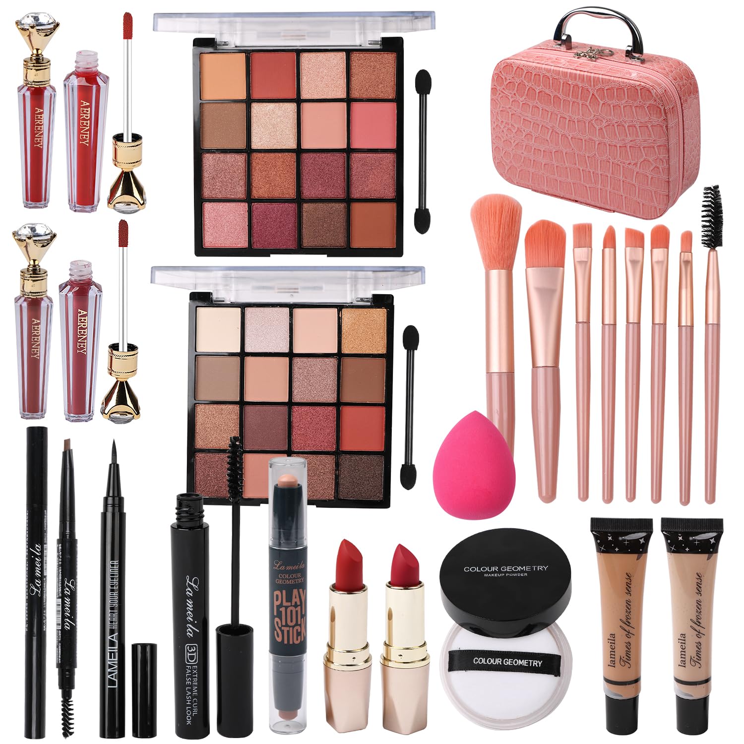 Delymol All-in-One Teen Makeup Kit – Pink, 2x16 Eyeshadows, Foundation, Liner, Contour, Lip Gloss & 8 Brushes