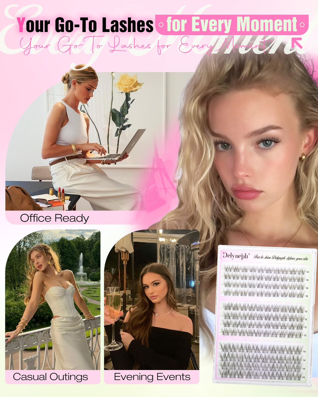 Delyneph Natural Lash Clusters – 10-14mm C Curl Clear Band Wispy Eyelash Extensions
