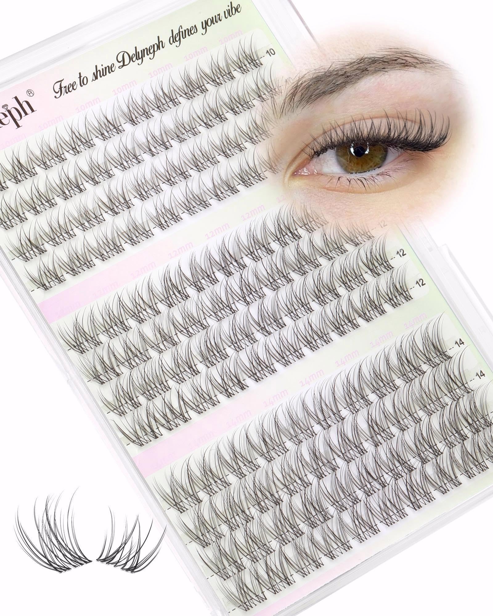Delyneph Natural Lash Clusters – 10-14mm C Curl Clear Band Wispy Eyelash Extensions