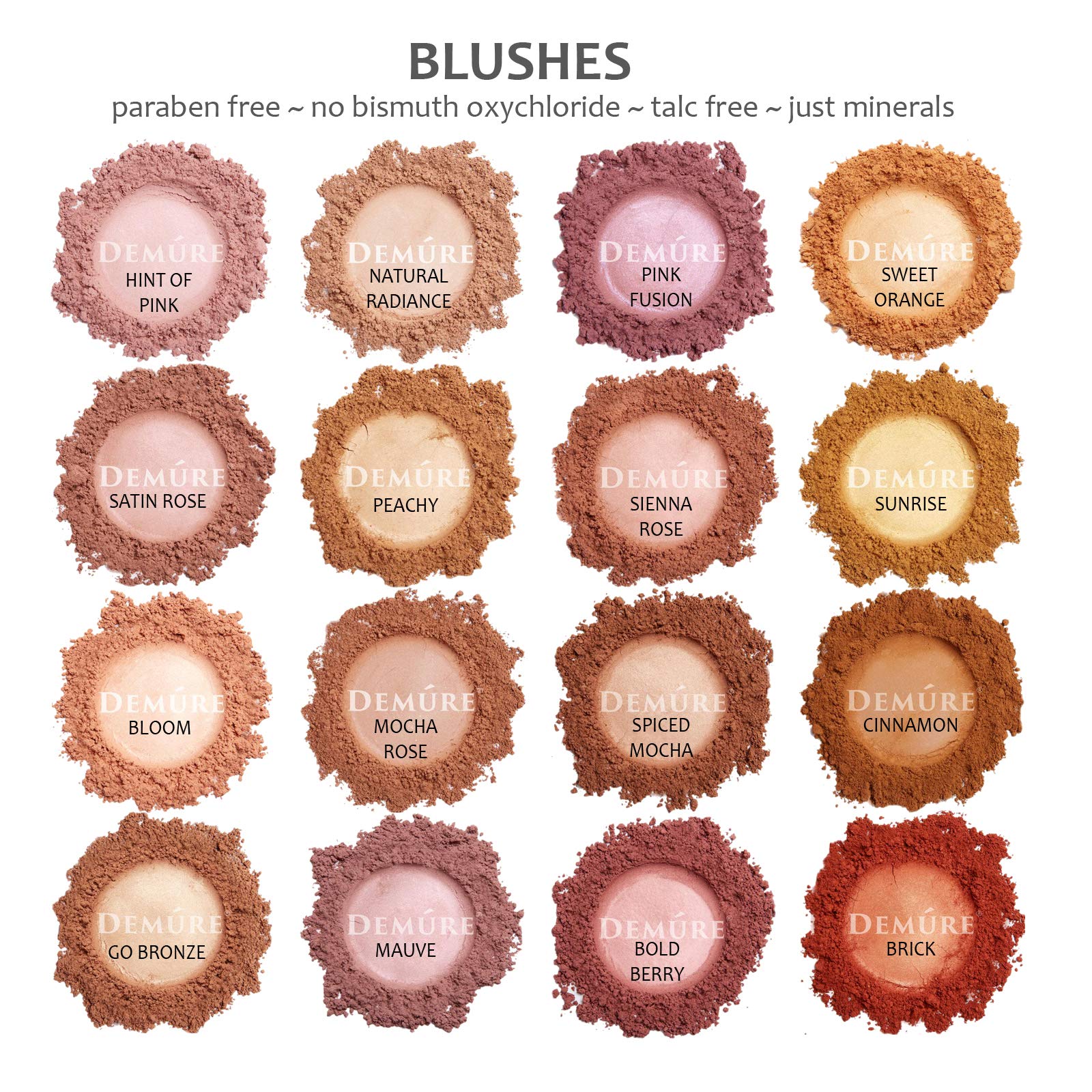 DEMURE Mineral Blush Makeup – Natural Radiance, Loose Powder, 12 Shades, Satin Finish, Cruelty Free