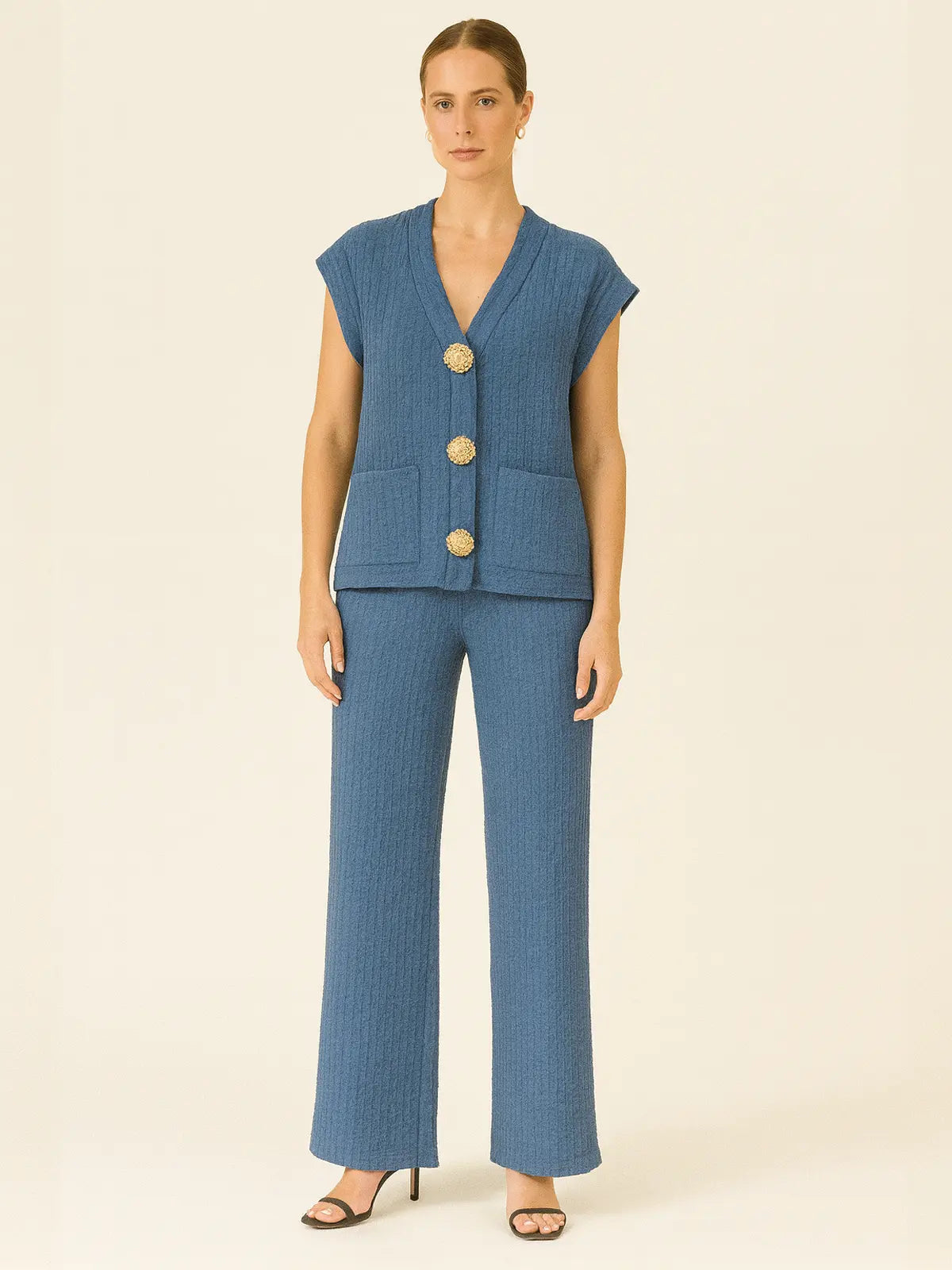 3-Gold Button Short Sleeve Set