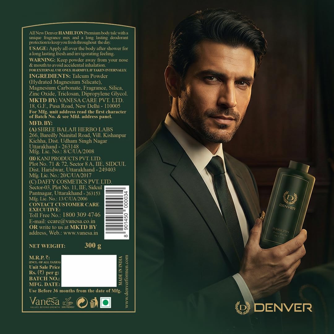 Denver Hamilton Premium Body Talcum Powder for Men – Long-Lasting Fragrance, Cooling Comfort