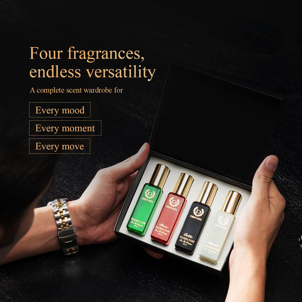Denver Premium Gift Set for Men — 4x20ml Eau de Parfum Collection (Hamilton, Caliber, Imperial, Honour) | Long-Lasting Fragrance