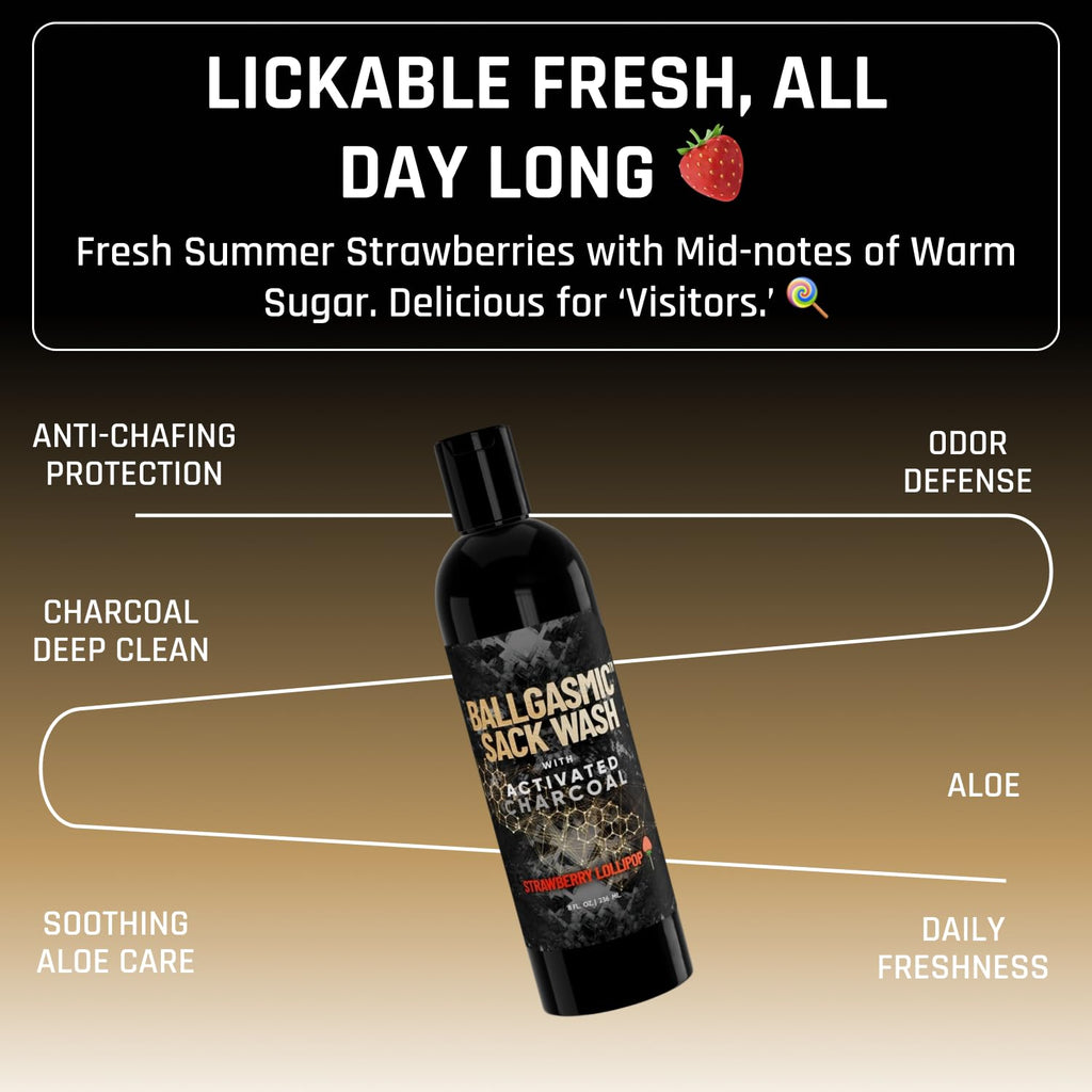 Derm Dude BallGasmic Ball Wash for Men – Anti-Chafing, Charcoal Odor Absorber, Strawberry Scent, 8oz