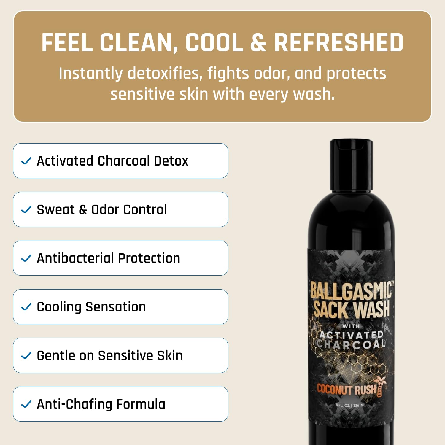 Derm Dude BallGasmic Ball Wash for Men – Anti-Chafe Charcoal Odor Control, Coconut Rush, 8oz
