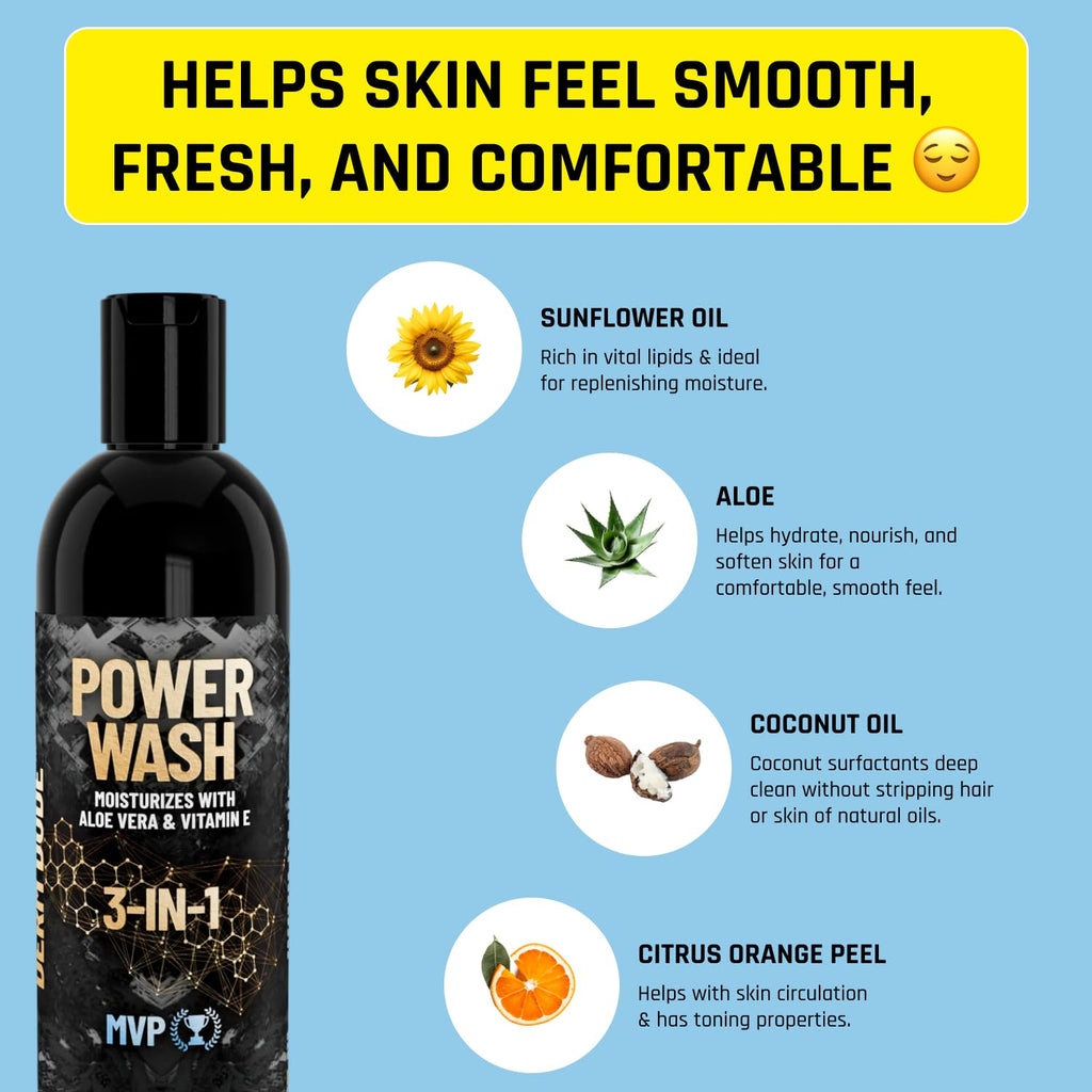 Derm Dude 3-in-1 Body Wash for Men | Shampoo, Conditioner & Body Cleanser | MVP Scent | 8oz