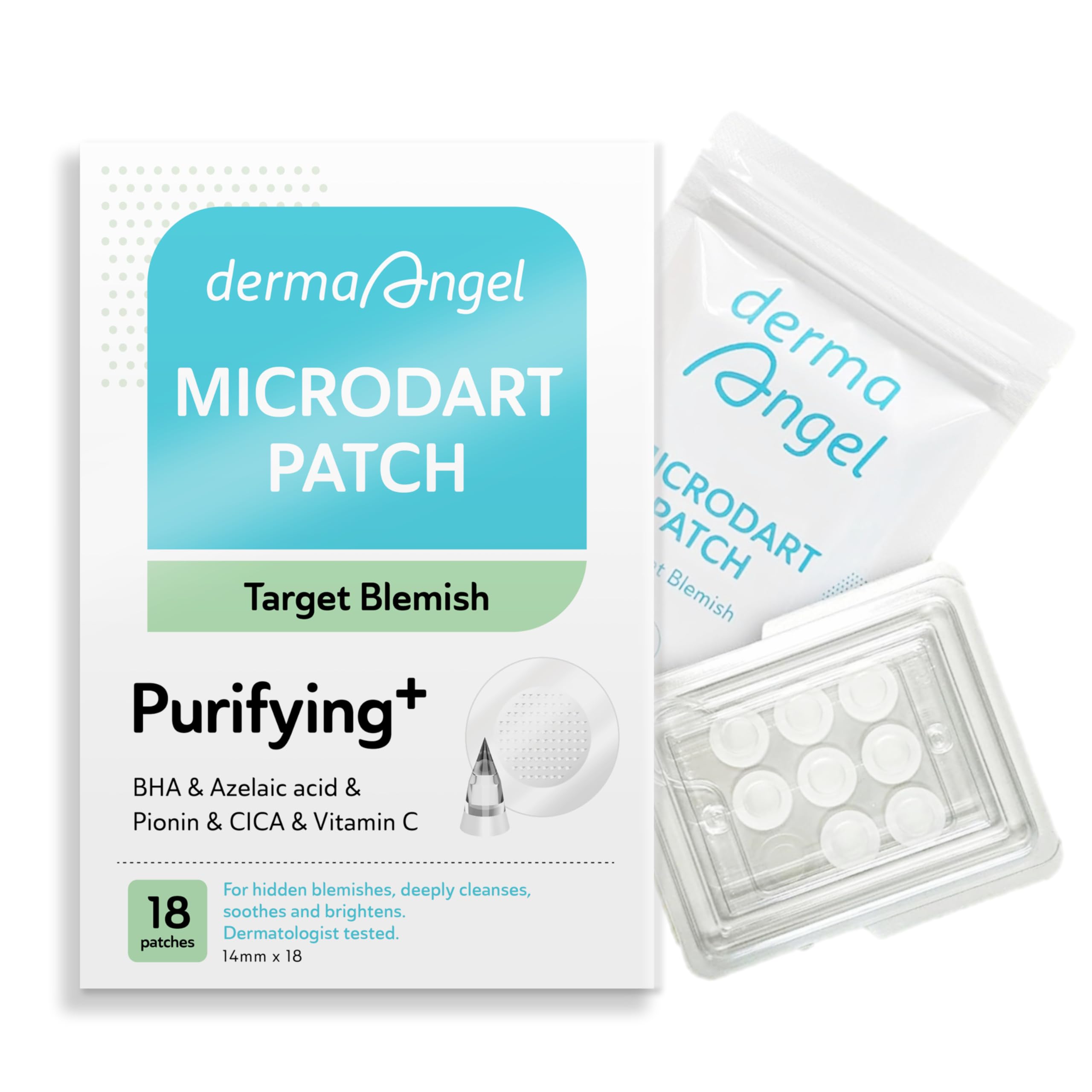 DERMA ANGEL Microdart Acne Patches for Deep Blemishes – 18 Hydrocolloid Patches with Salicylic, Azelaic Acids, CICA & Vitamin C