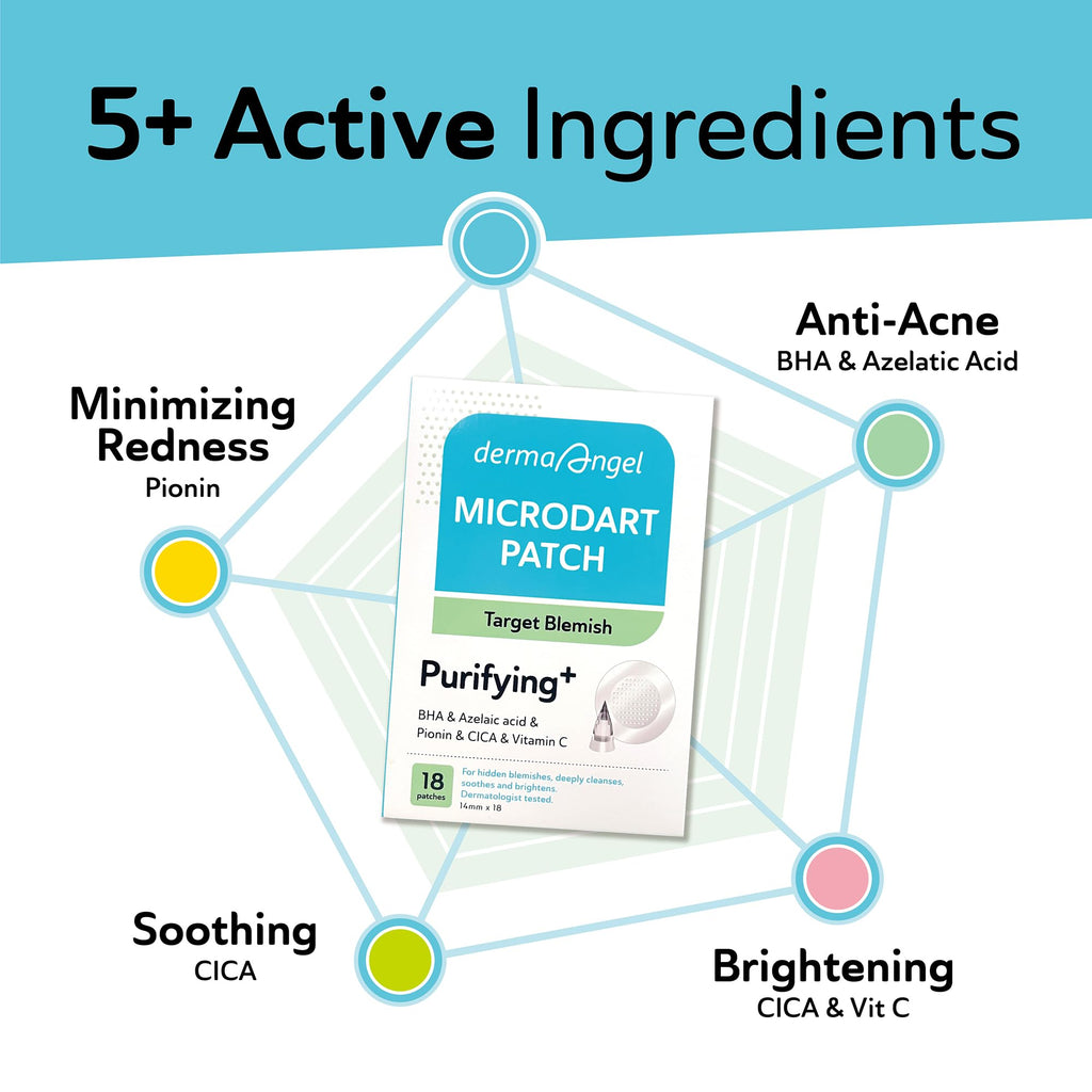 DERMA ANGEL Microdart Acne Patches for Deep Blemishes – 18 Hydrocolloid Patches with Salicylic, Azelaic Acids, CICA & Vitamin C