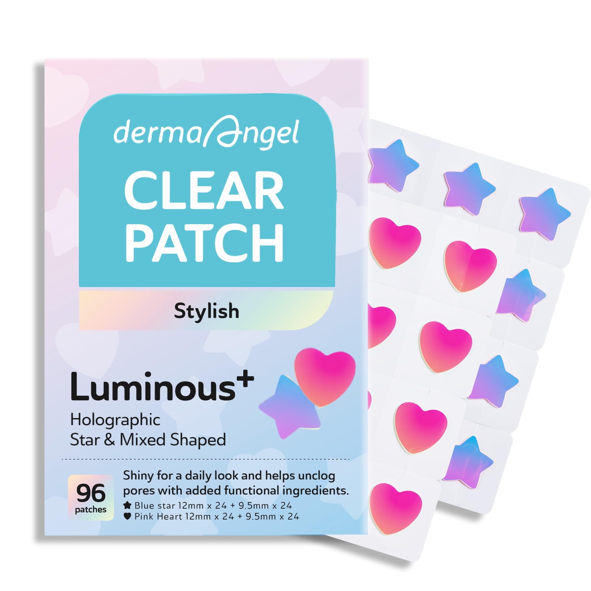 DERMA ANGEL Star & Heart Pimple Patches – 96 Patches, 7X Absorbency, CICA & Tea Tree