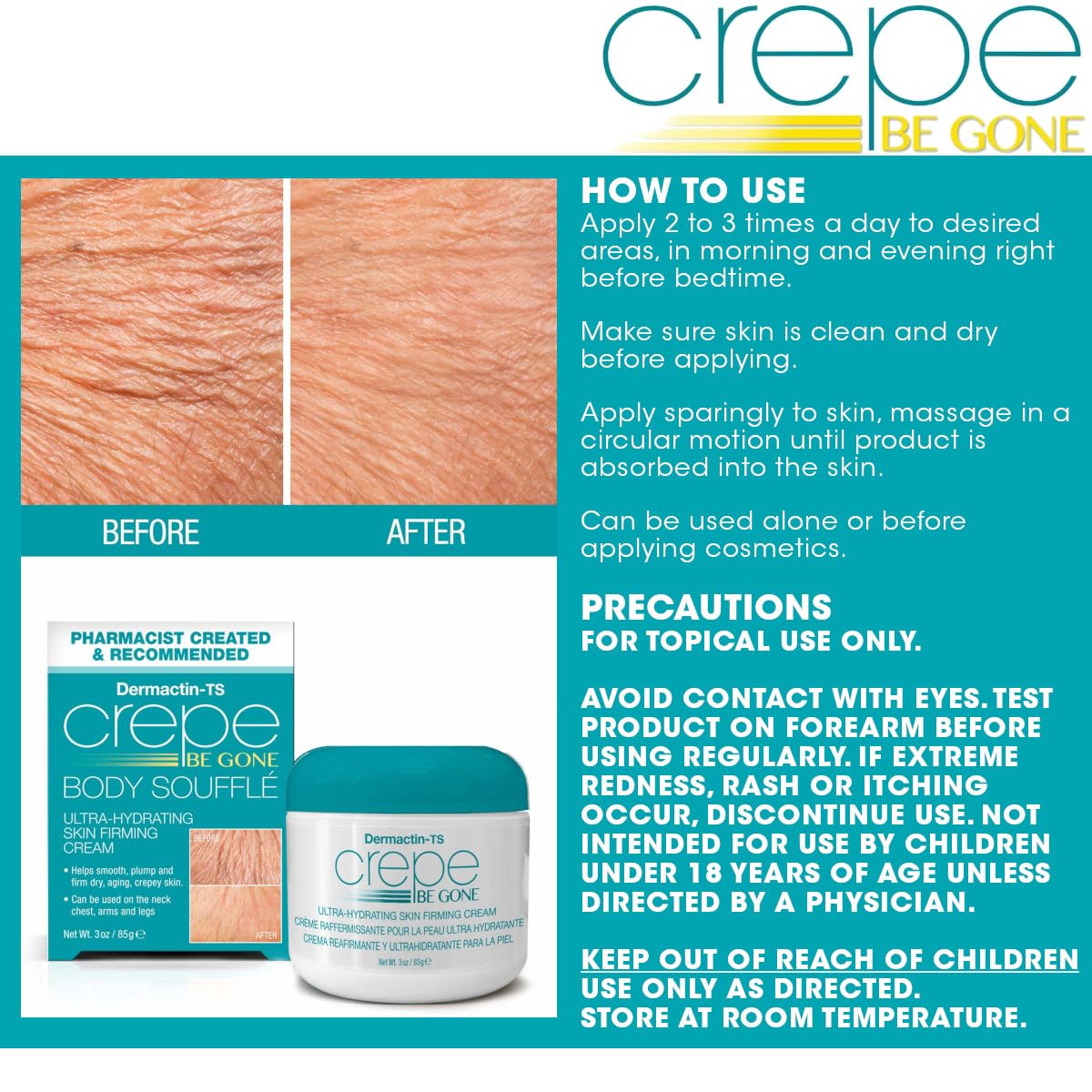 Dermactin Crepe Be Gone Body Souffle – Ultra Hydrating Cream for Crepey Skin | Classic 3 oz