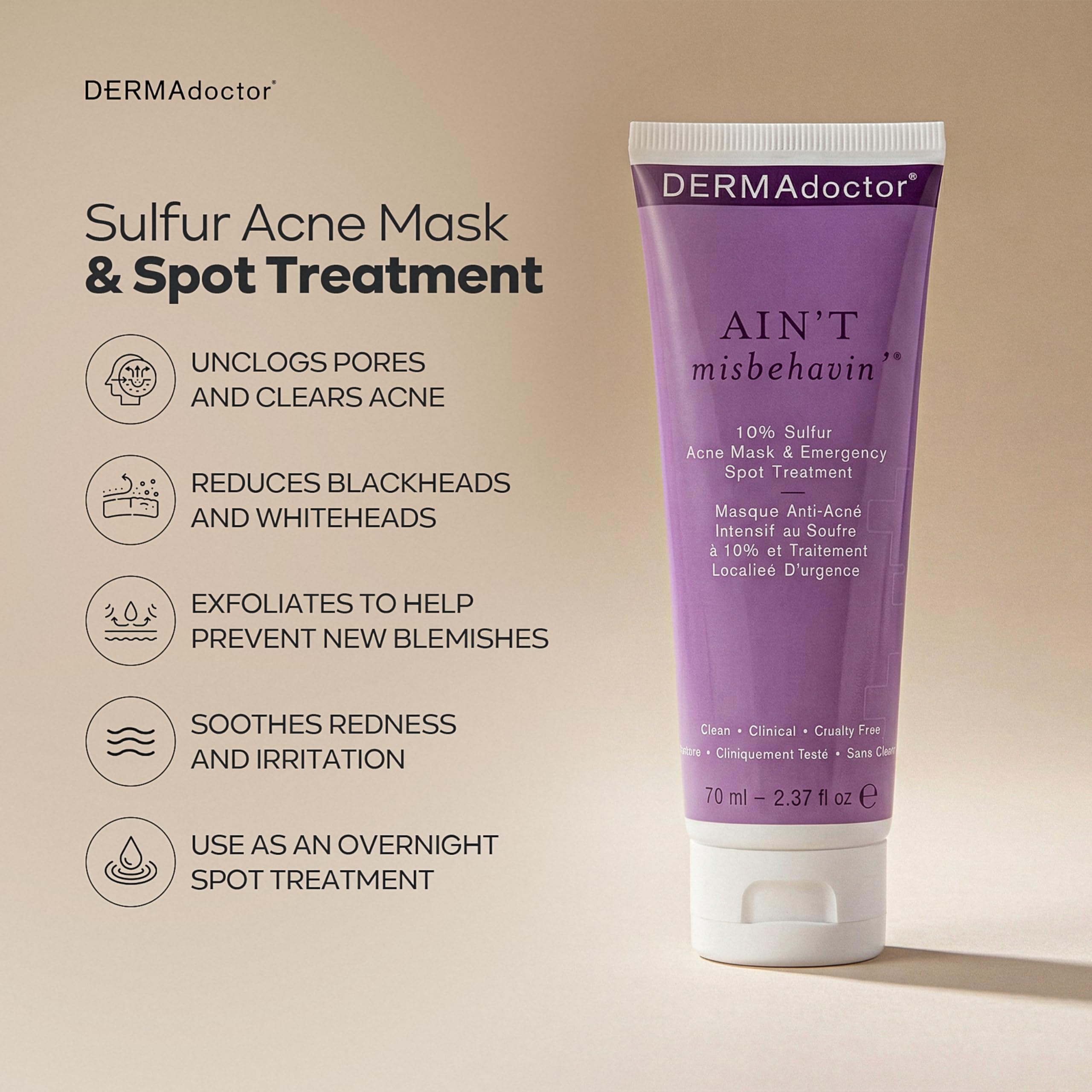 DERMAdoctor Ain't Misbehavin' 10% Sulfur Acne Mask - Oil-Absorbing Facial Treatment (2.3 fl oz)