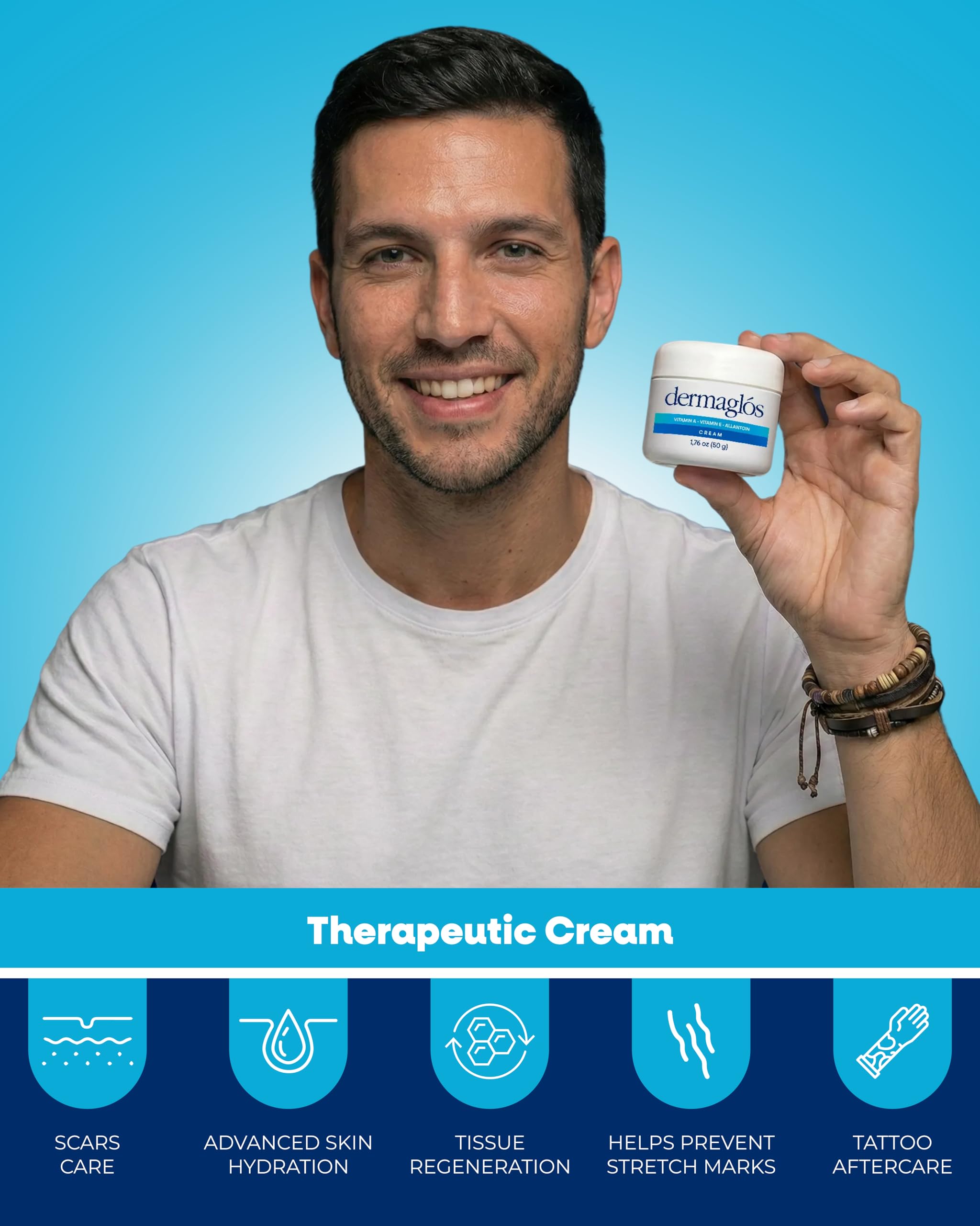Dermaglós Moisturizing Cream with Vitamin A, E & Allantoin | Hydration for Wrinkles, Scars, Stretch Marks, Tattoo Aftercare | 1.76 oz