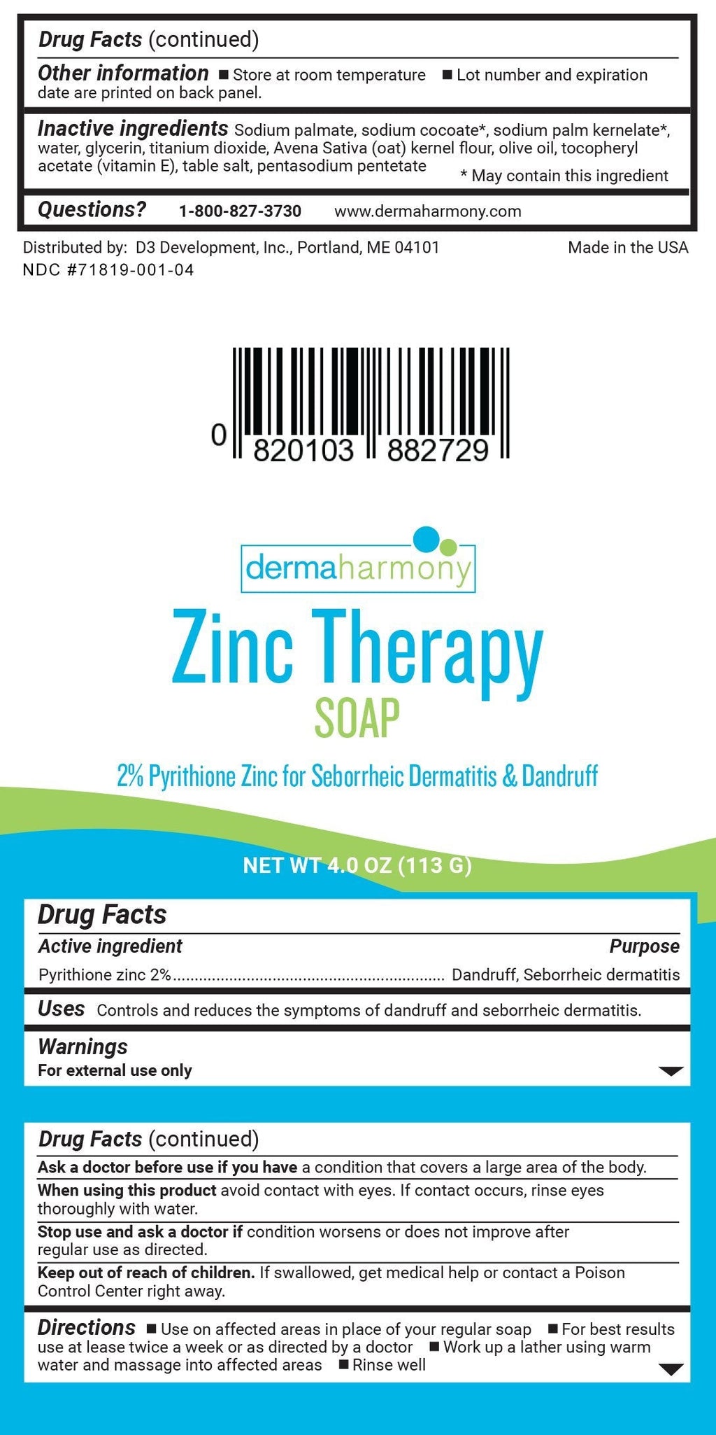 DermaHarmony Pyrithione Zinc Therapy Soap 4 oz Bars - 3 Pack | Dandruff & Seborrheic Dermatitis Care