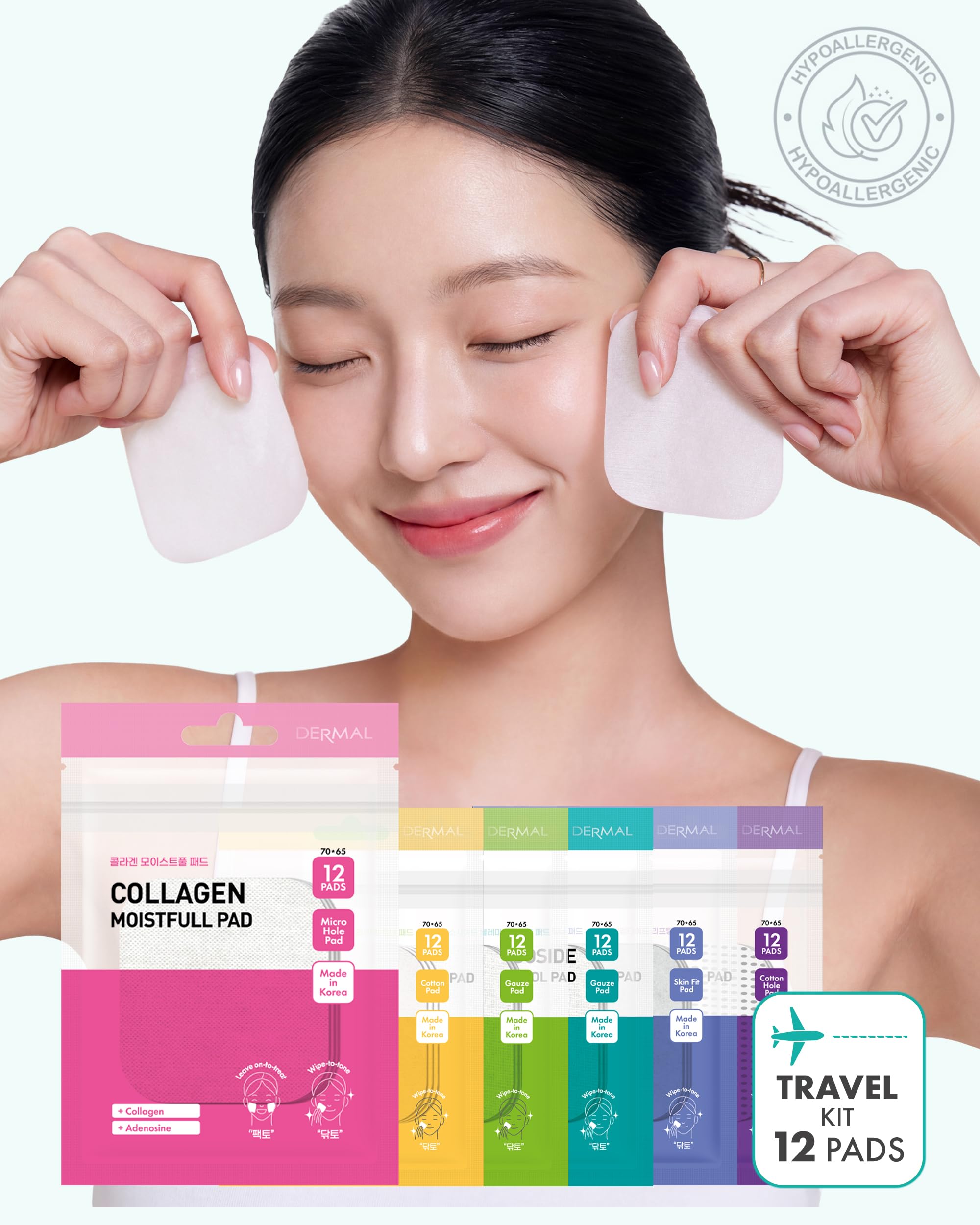 DERMAL 6 Types Toner Pad Trial Kit – Ice Cooling, Collagen, Retinol, Madecassoside, Tea Tree, Vitamin | 12 Pads x 6 Pack