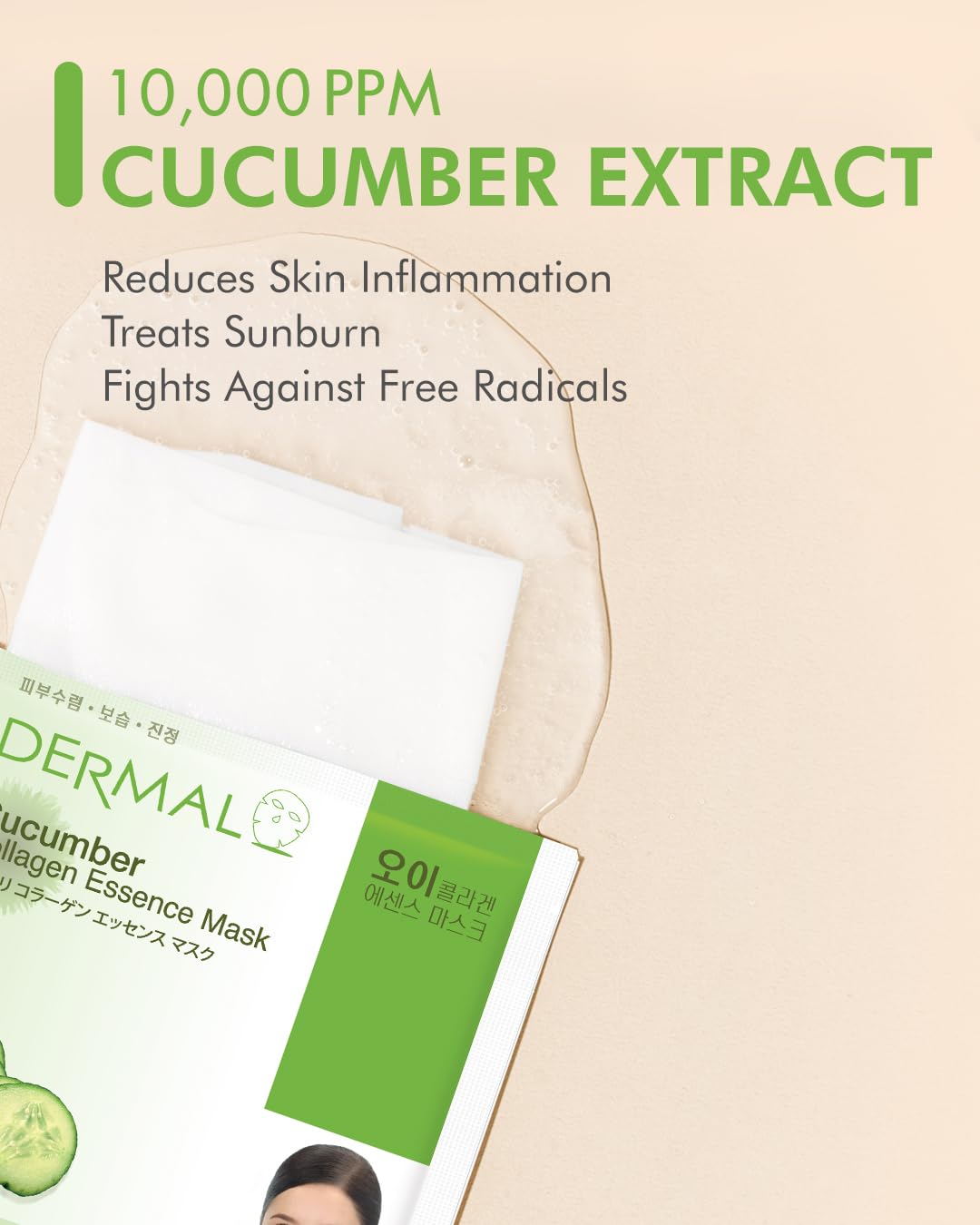 DERMAL Cucumber Collagen Essence Facial Mask Sheet 23g Pack of 10 – Soothing & Moisturizing