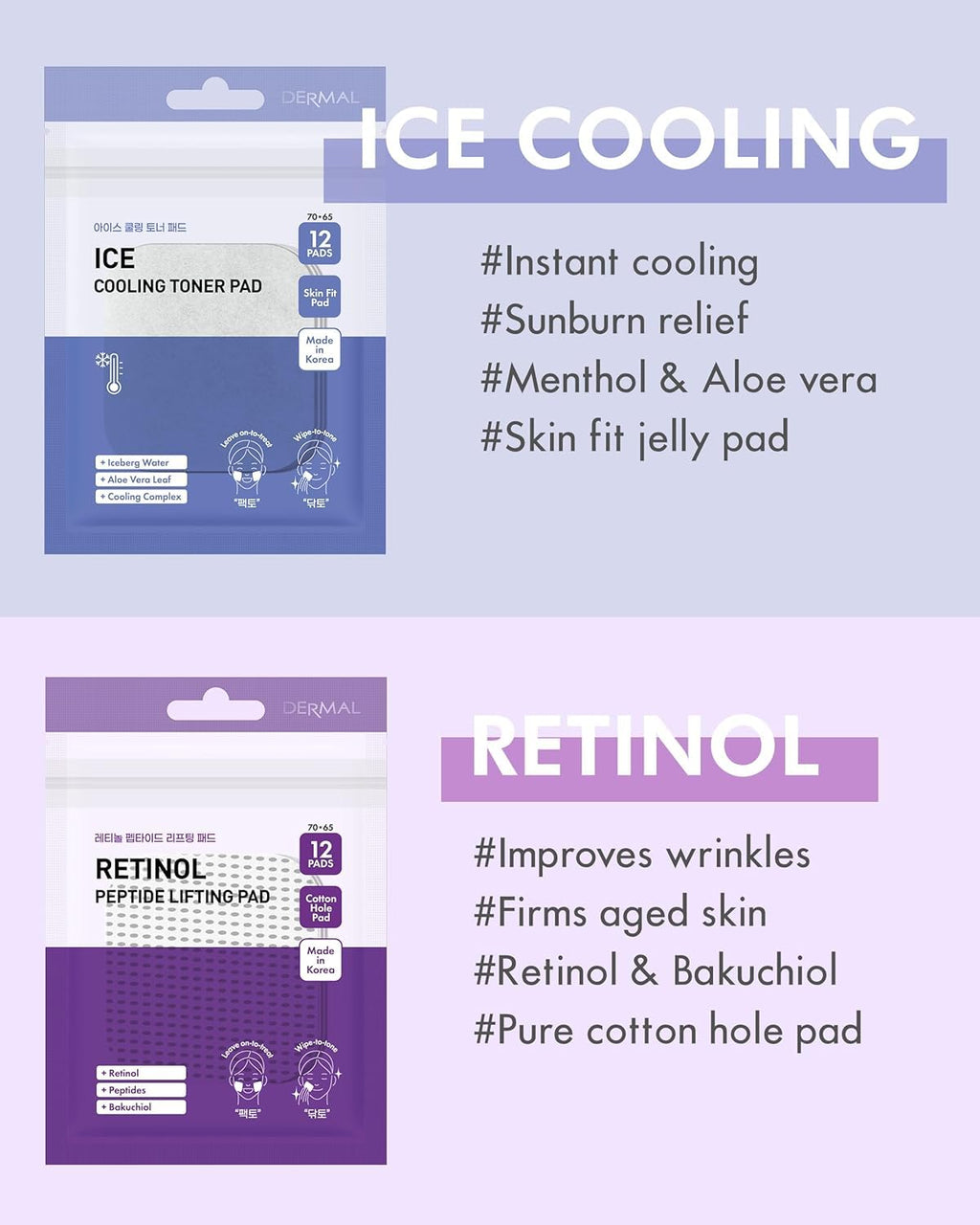 DERMAL 6 Types Toner Pad Trial Kit – Ice Cooling, Collagen, Retinol, Madecassoside, Tea Tree, Vitamin | 12 Pads x 6 Pack
