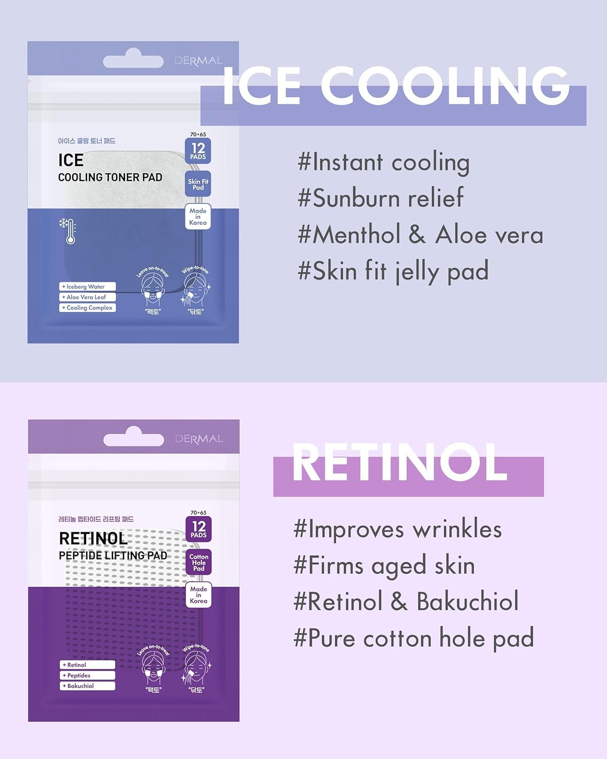 DERMAL 6 Types Toner Pad Trial Kit – Ice Cooling, Collagen, Retinol, Madecassoside, Tea Tree, Vitamin | 12 Pads x 6 Pack
