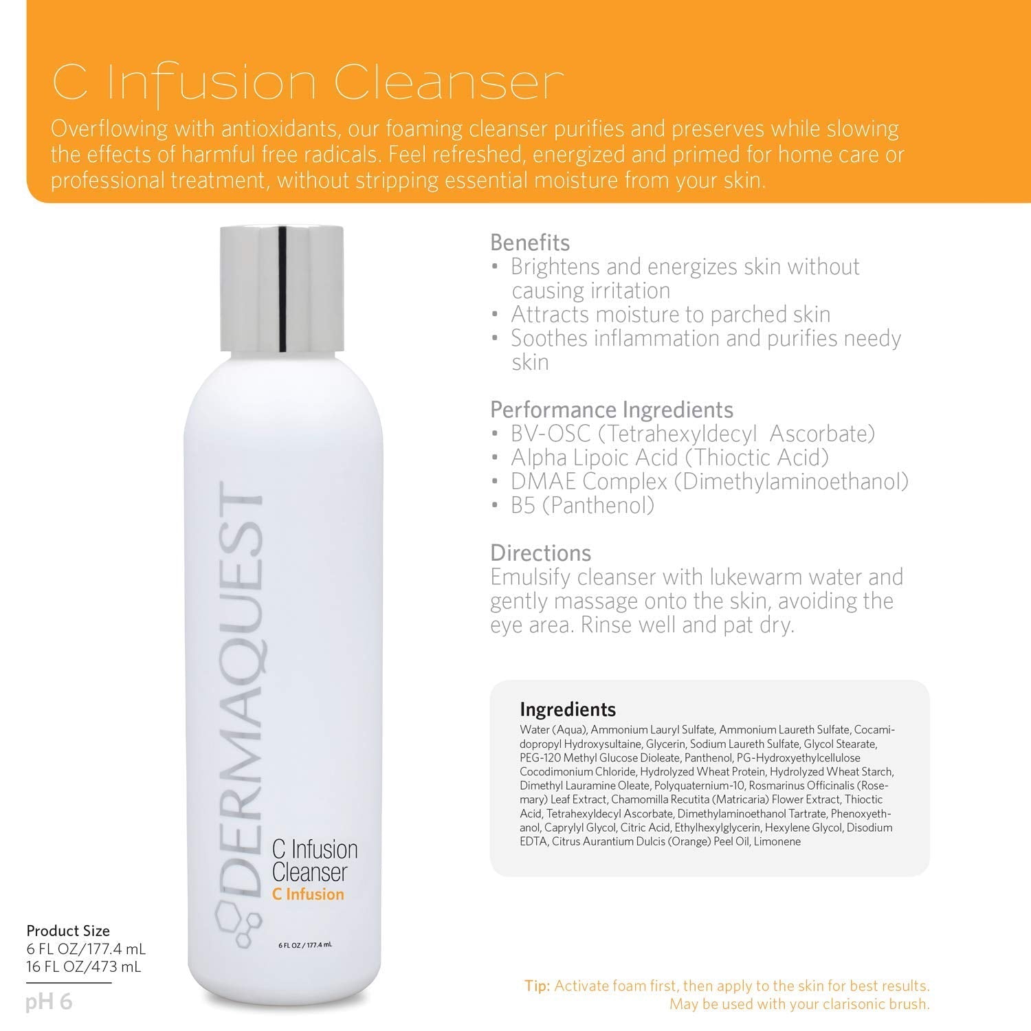 DermaQuest C Infusion Facial Cleanser – Vitamin C Antioxidant Brightening Face Wash | All Skin Types | 6oz