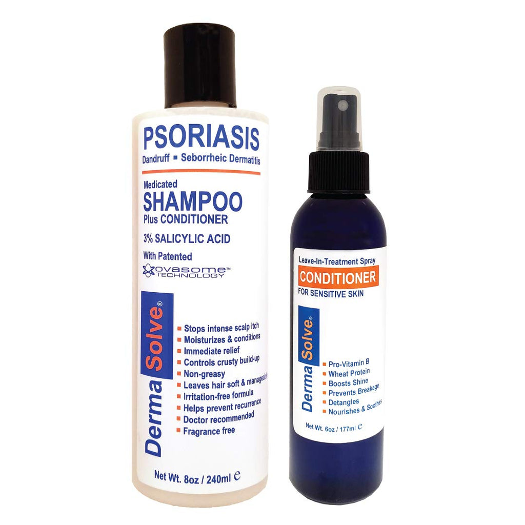 Dermasolve Psoriasis Shampoo + Leave-In Spray Conditioner (Combo Pack) | Gentle Detangler for Sensitive Scalp
