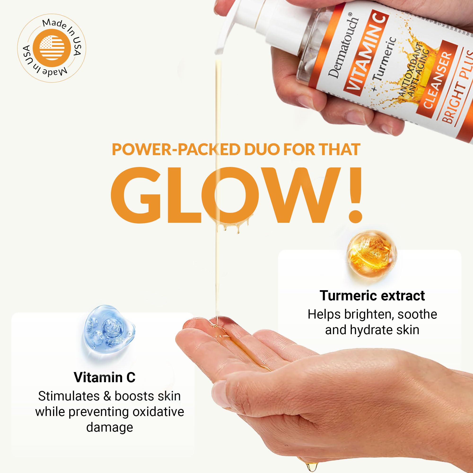 DERMATOUCH Vitamin C Cleanser Water with Turmeric – Gentle Foaming Facial Cleanser for All Skin Types, Made in USA