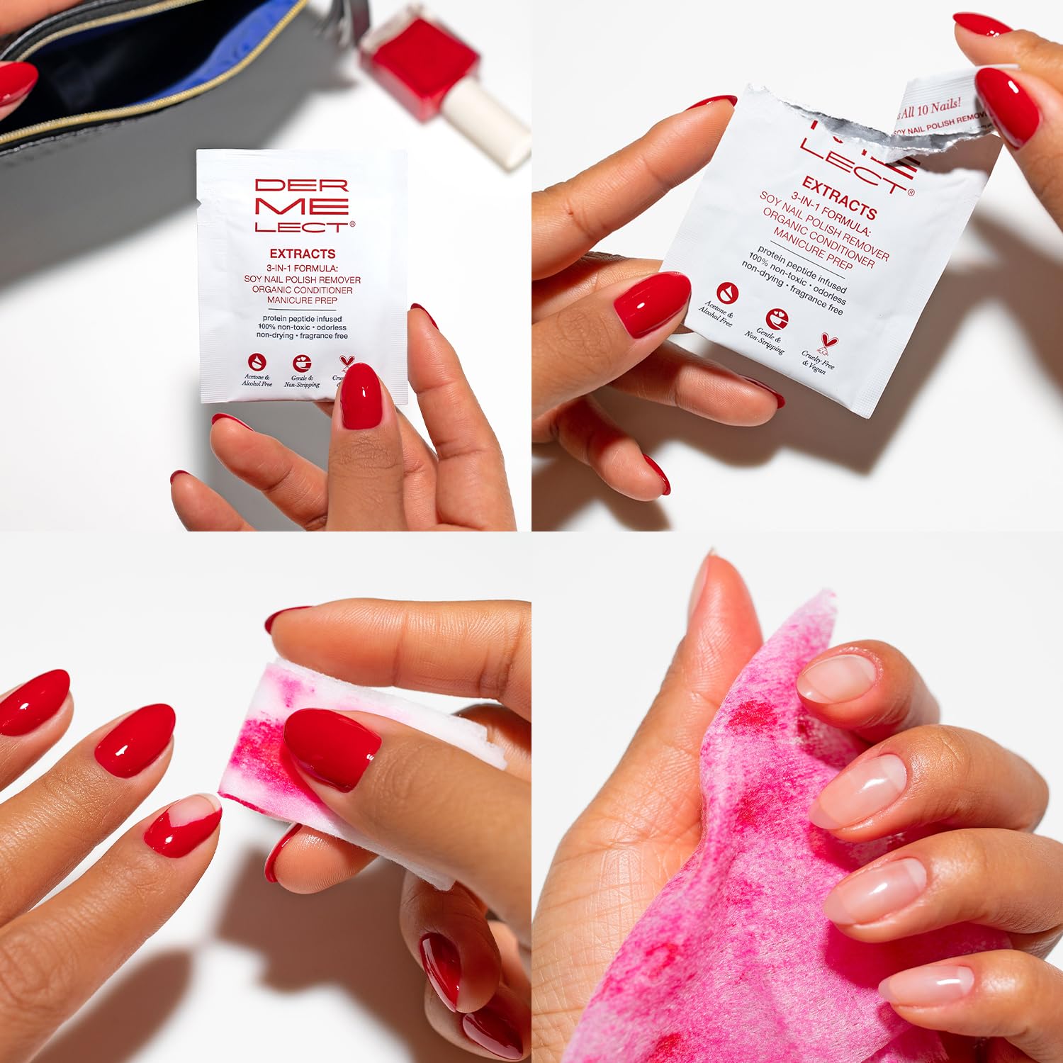 Dermelect Extracts 3-in-1 Soy Nail Polish Remover Wipes – Scentless, Acetone-Free (10 Pack)
