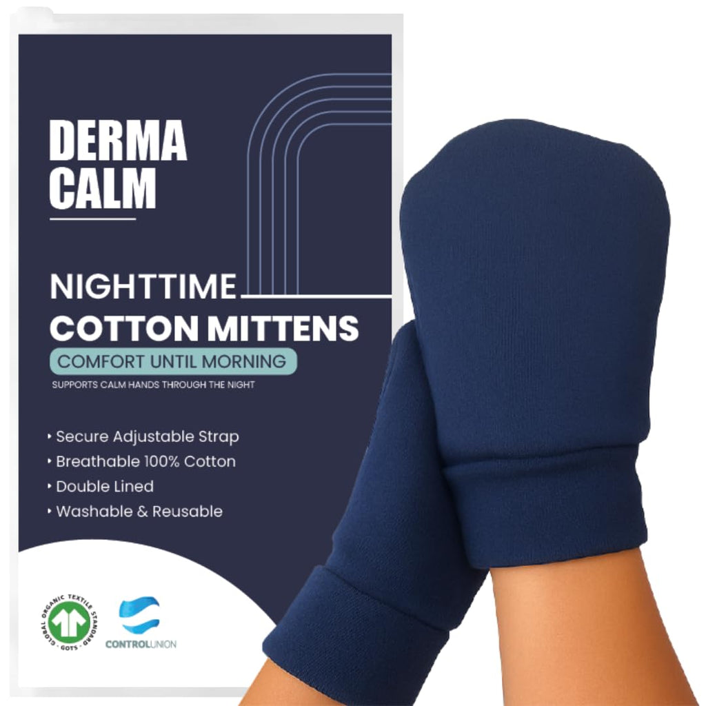 DermaCalm Organic Cotton Eczema Gloves – Nighttime Anti-Scratch Mittens with Adjustable Strap (S/M/L) Navy
