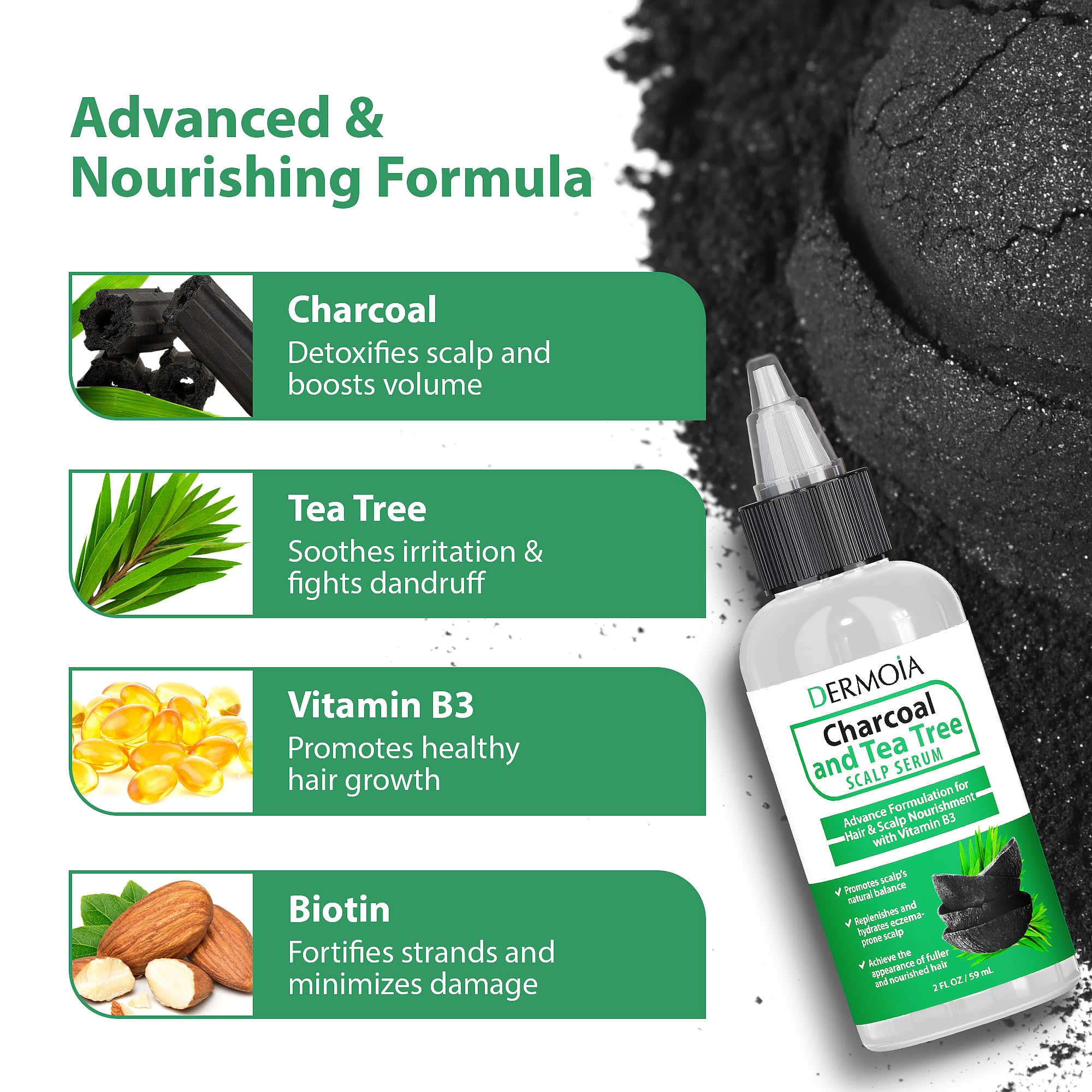 DERMOIA Scalp Serum with Charcoal & Tea Tree – Fragrance-Free Scalp Moisturizer