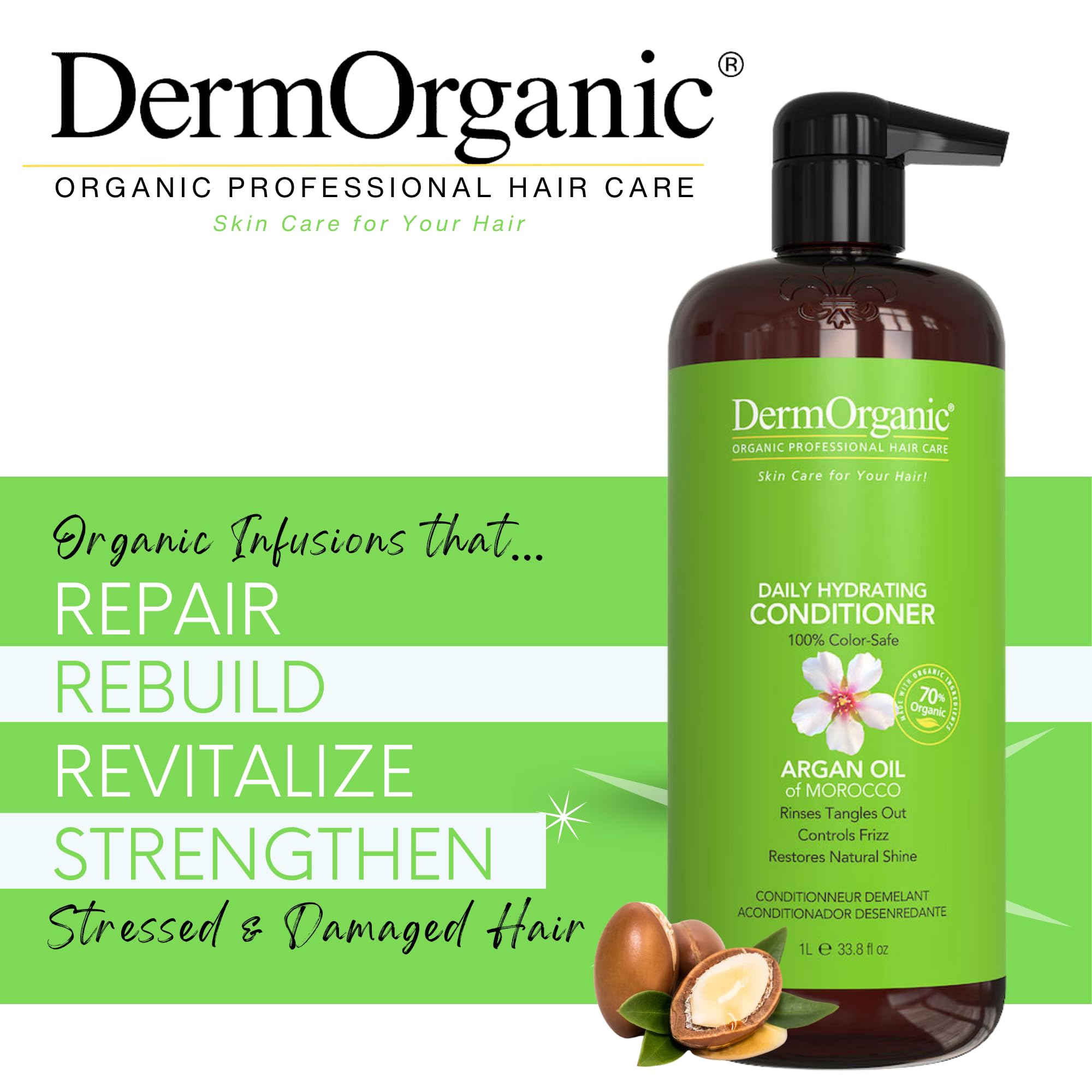 DermOrganic Daily Hydrating Conditioner for Dry Hair – 33.8 oz | Sulfate-Free Argan Oil Care