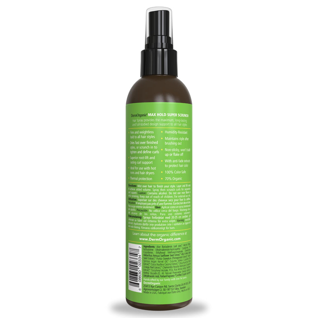 DermOrganic Super Scrunch Max Hold Hair Spray – Fast-Drying, Firm, Weightless Hold (8 oz)
