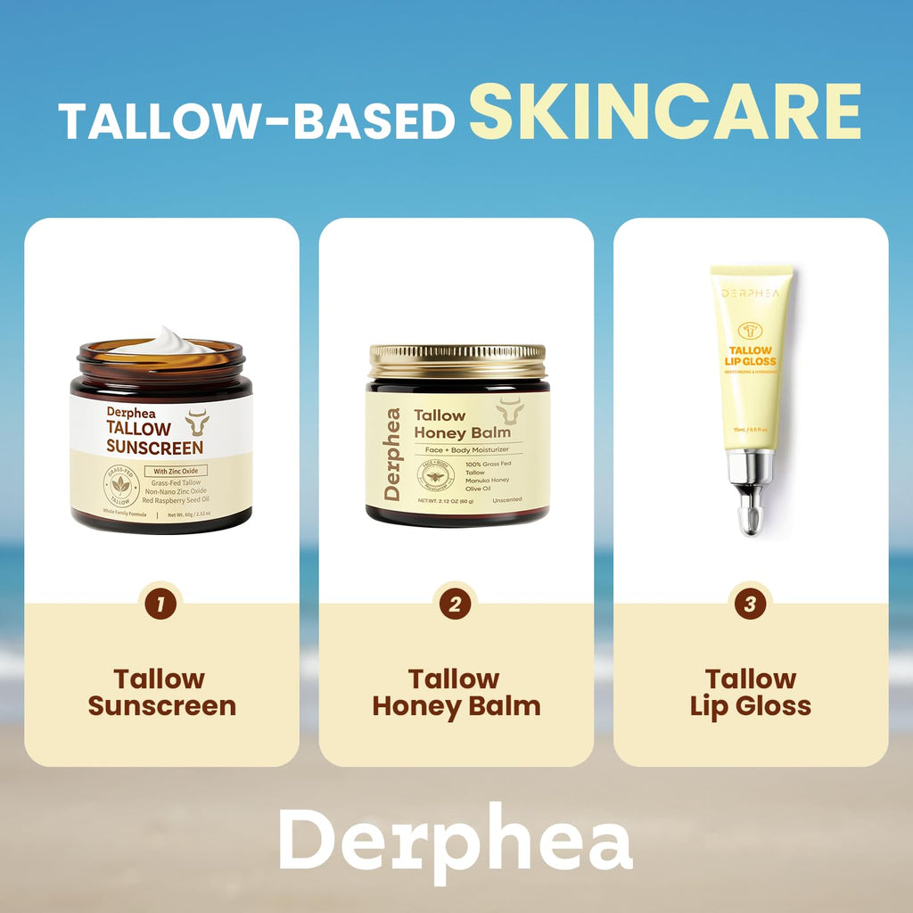 DERPHEA Organic Beef Tallow Lip Balm – 8H Hydration, Glossy Shine, Overnight Lip Mask (2 Tubes)