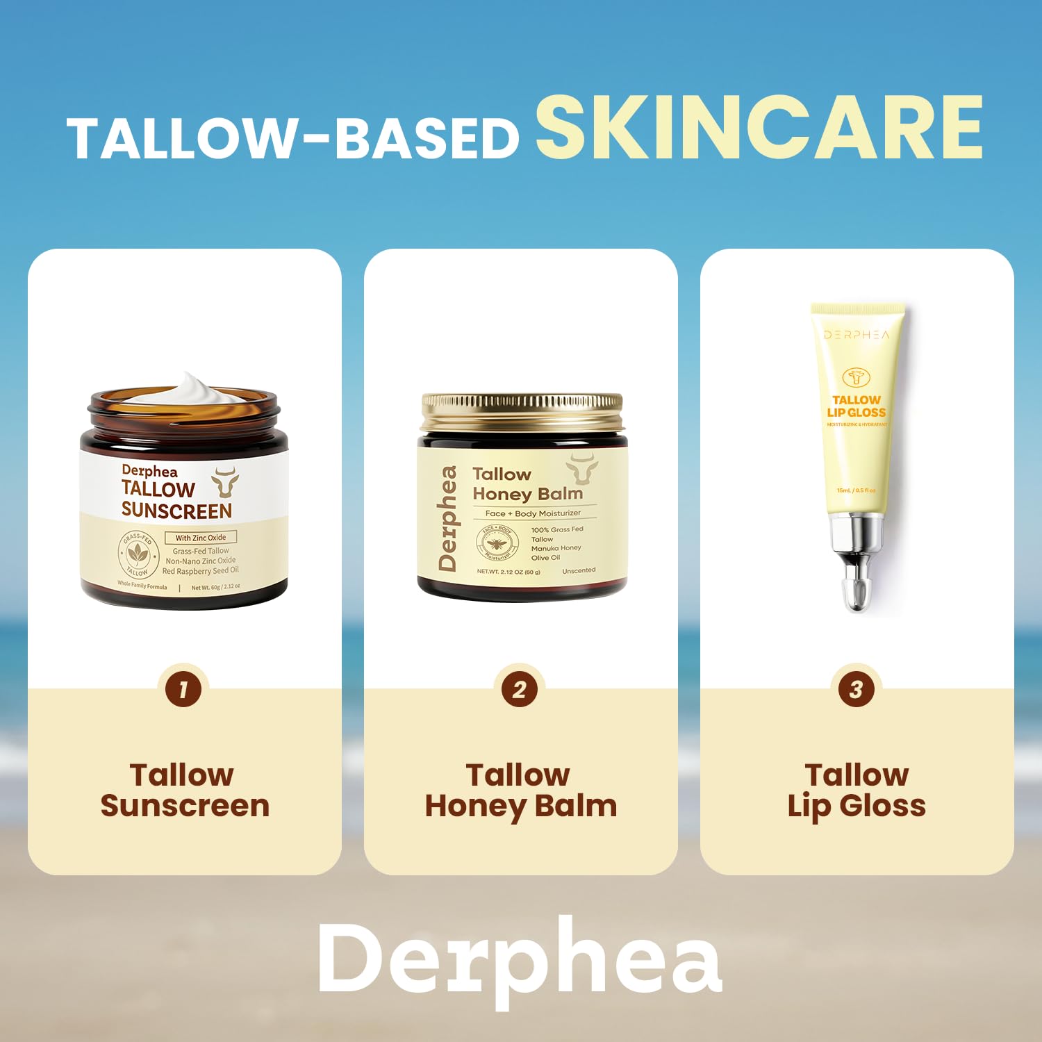 DERPHEA SPF 50 Natural Beef Tallow Sunscreen – Gentle Daily Sun Care for Extremely Sensitive, Acne-Prone & Kid-Safe Skin