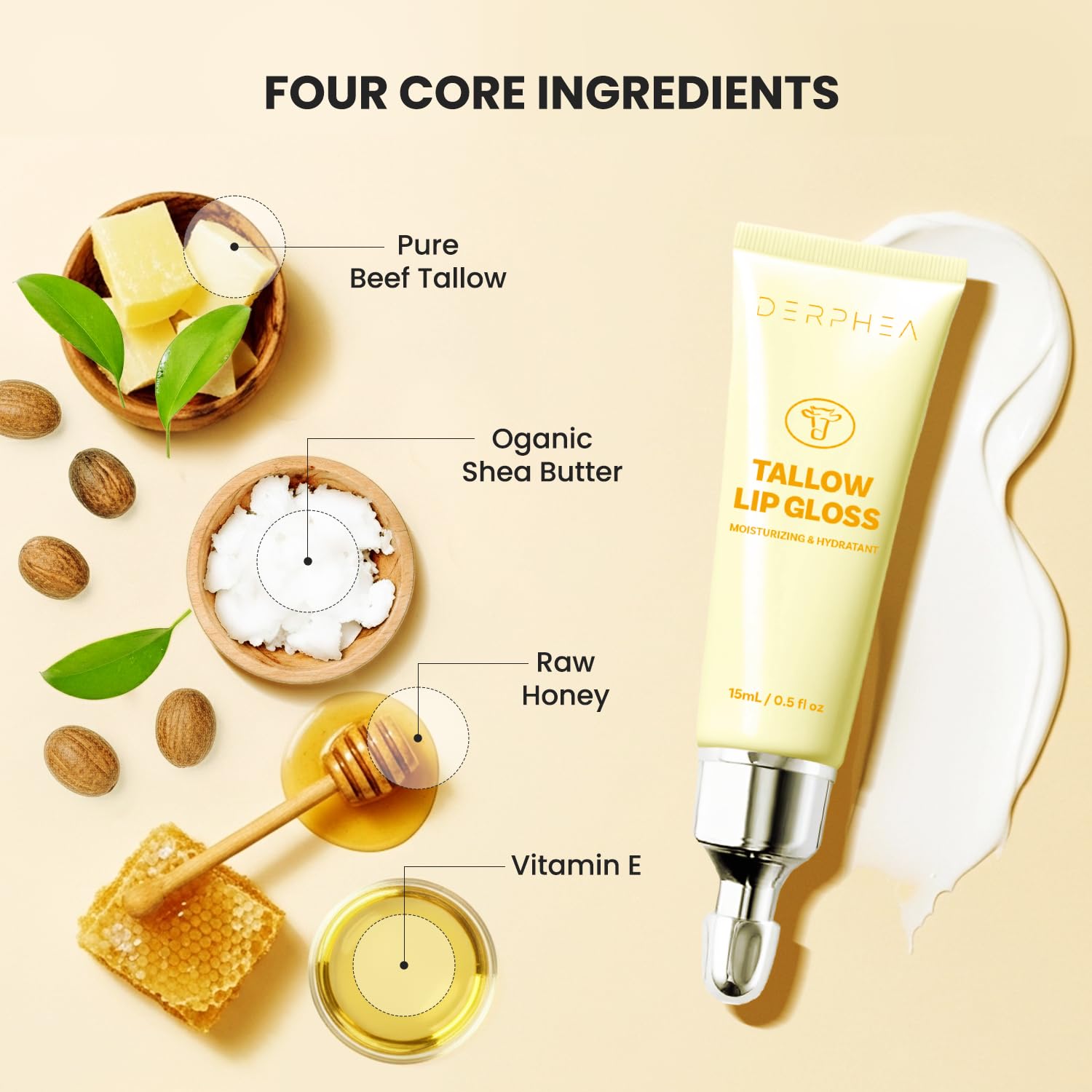 DERPHEA Organic Beef Tallow Lip Balm – 8H Hydration, Glossy Shine, Overnight Lip Mask (2 Tubes)