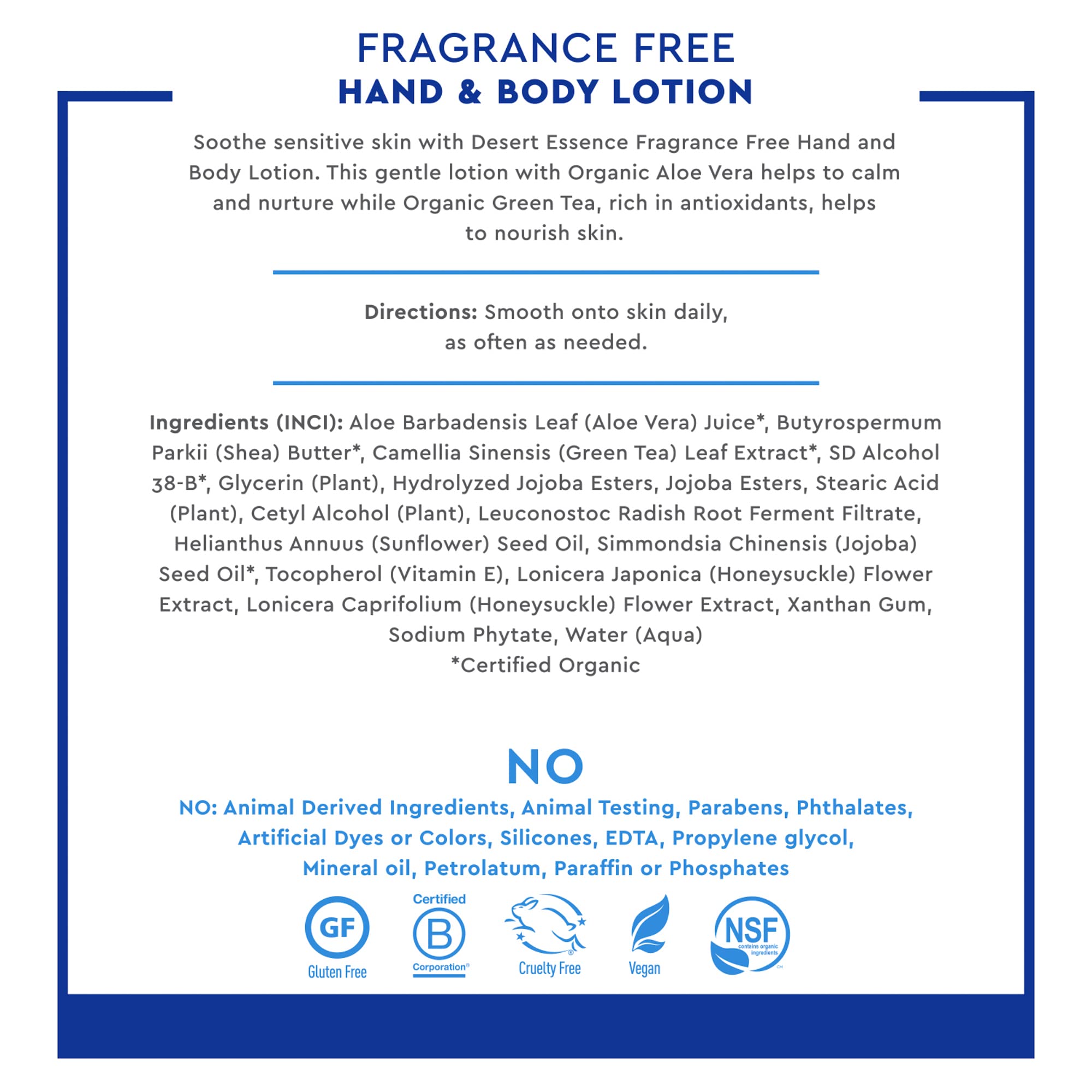 Desert Essence Fragrance Free Hand & Body Lotion – 8 oz | Aloe Vera, Shea Butter, Green Tea, Coconut Oil, Jojoba Oil