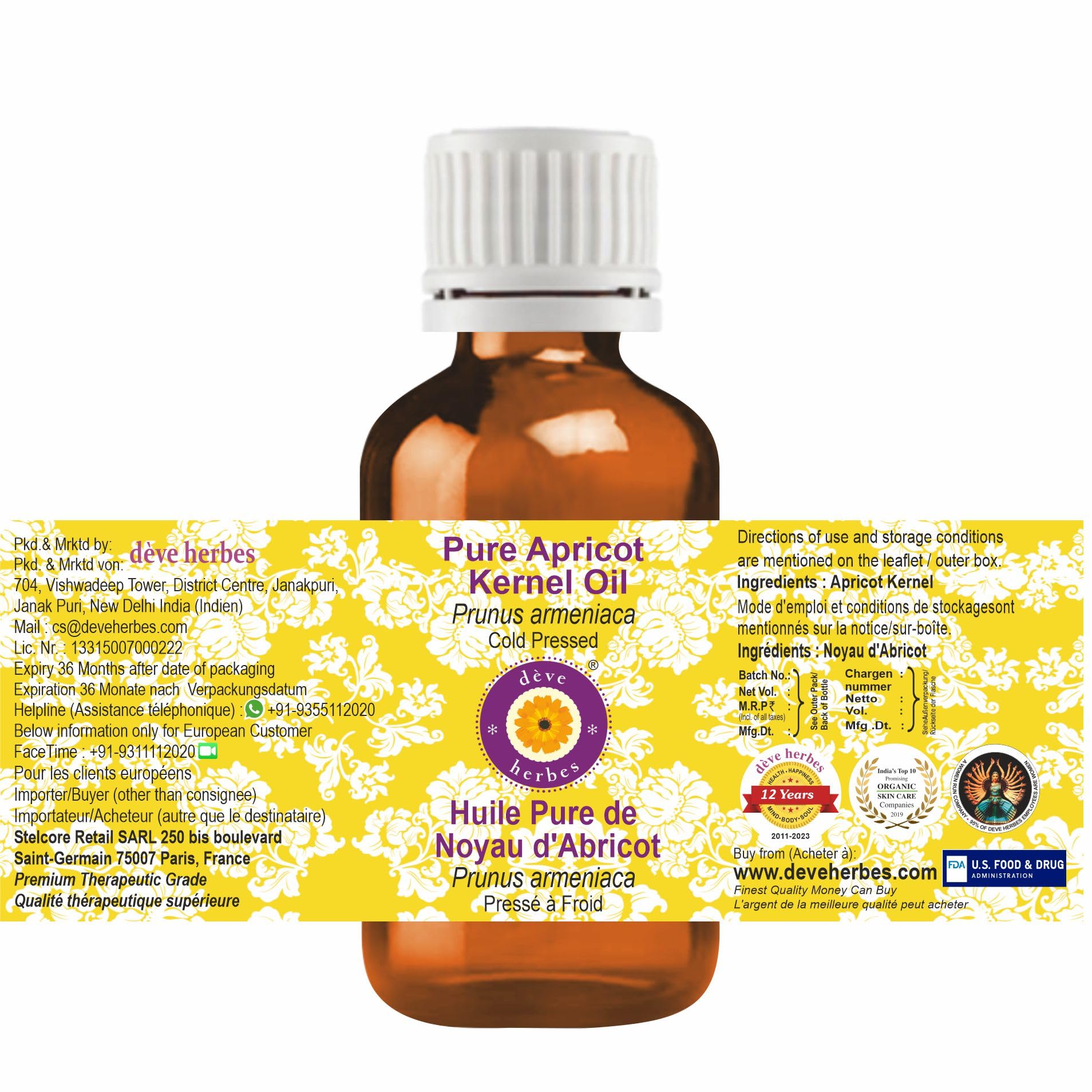 Deve Herbes Apricot Kernel Oil – Cold Pressed Carrier Oil for Skin, Massage & Diluting Essential Oils | 50ml