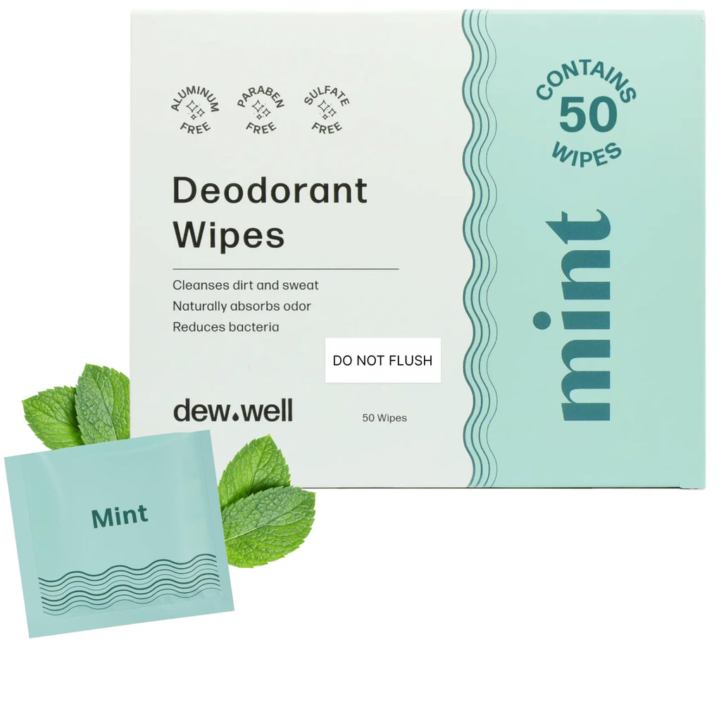 Dew Well Deodorant Wipes – Mint, Aluminum-Free, 50 Count | Travel & Purse Pack