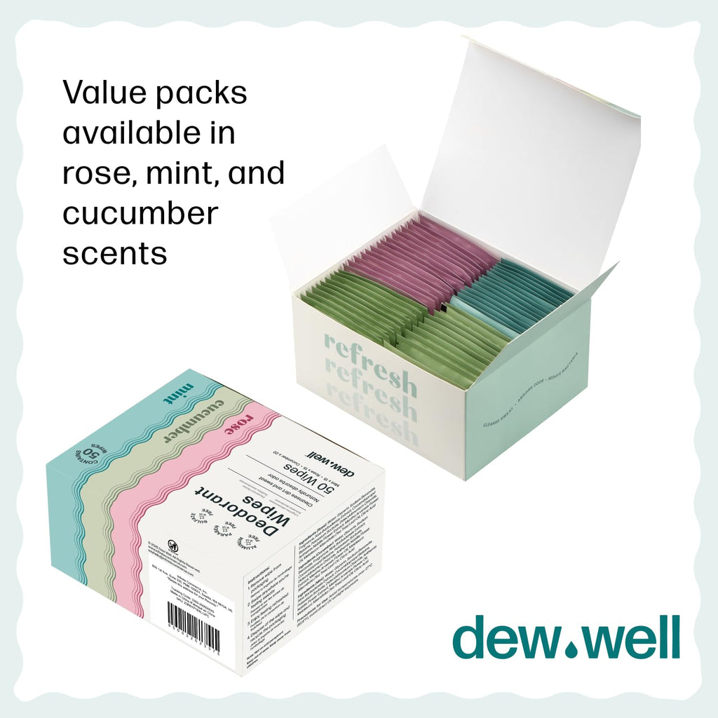 Dew Well Deodorant Wipes – Mint, Aluminum-Free, 50 Count | Travel & Purse Pack