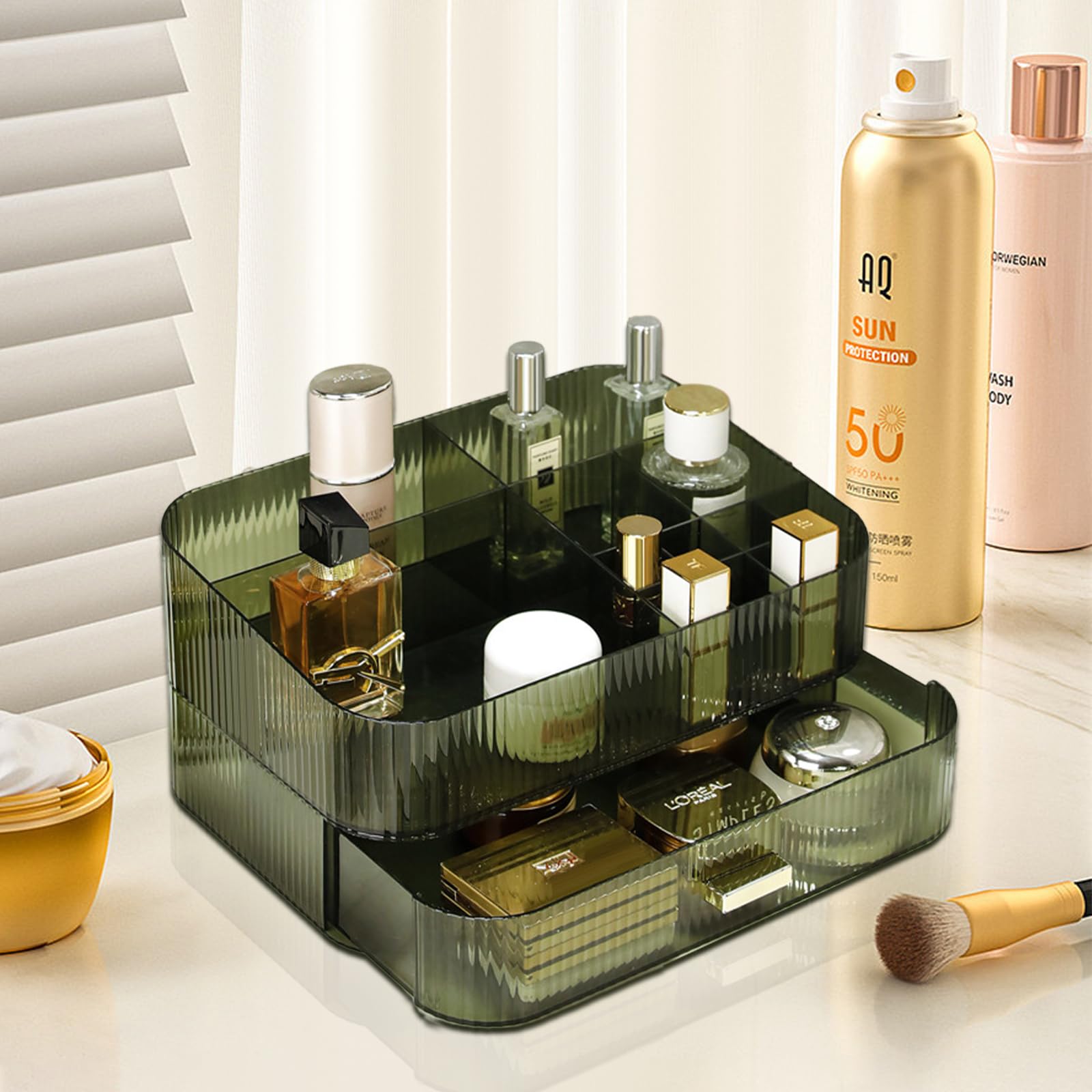 Dezzer Makeup Organizer with Stackable Drawers – Large Capacity Vanity Organizer (Green)