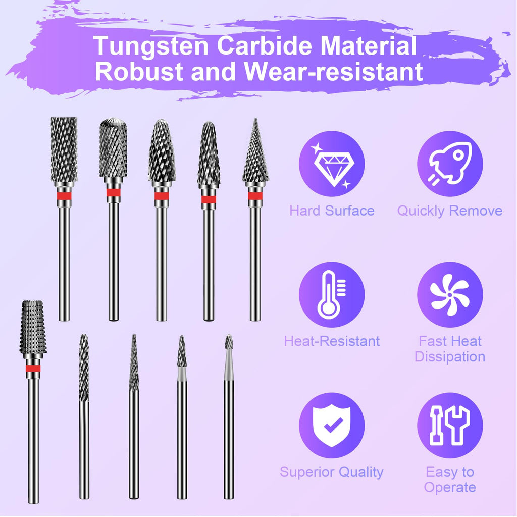 Diesisa 10-Piece Tungsten Carbide Nail Drill Bits Set – 3/32 Inch Shank for Acrylic and Natural Nails