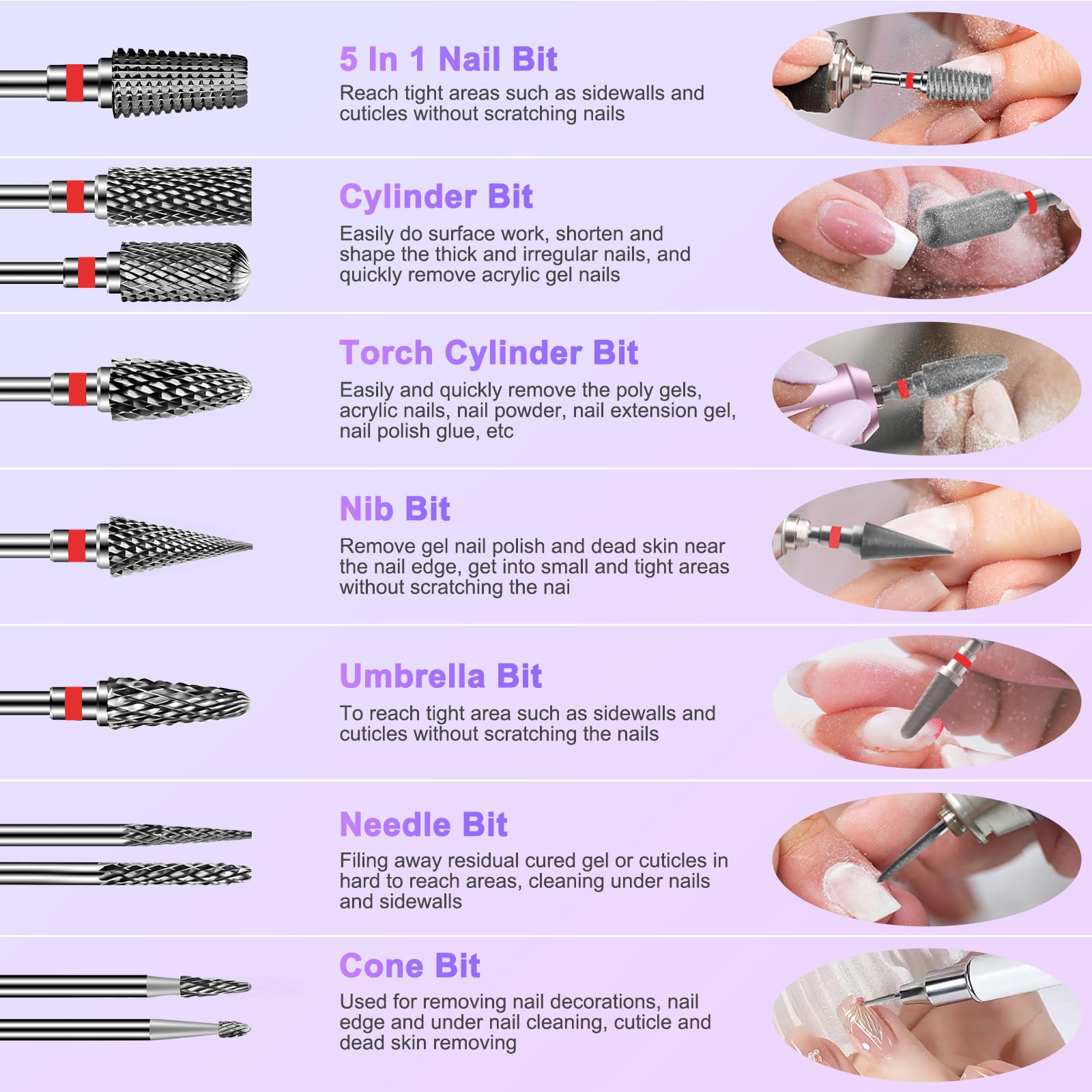 Diesisa 10-Piece Tungsten Carbide Nail Drill Bits Set – 3/32 Inch Shank for Acrylic and Natural Nails
