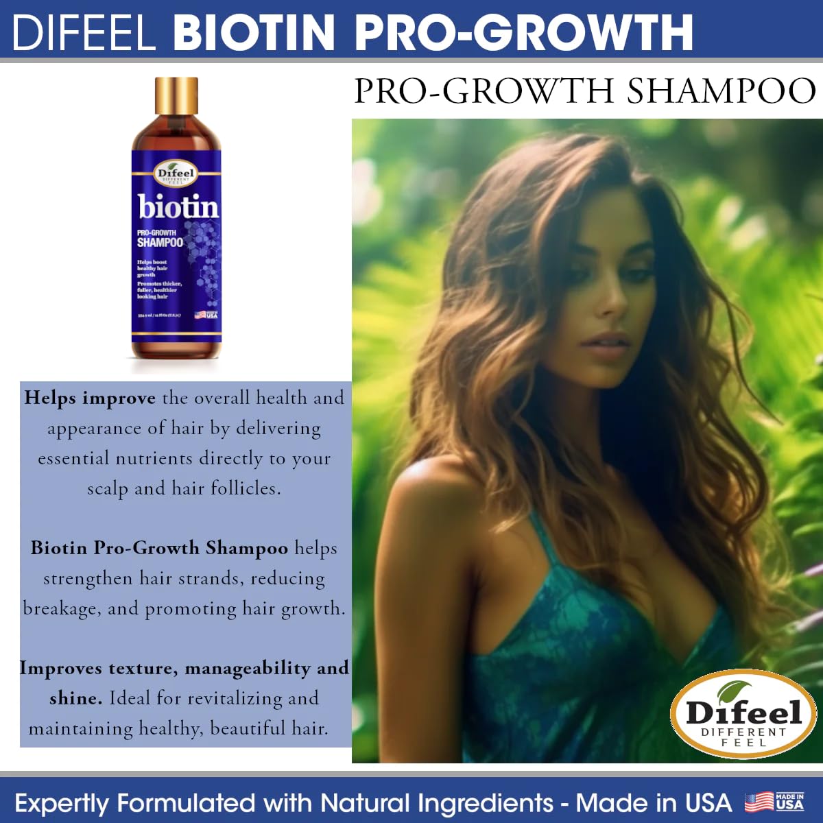 Difeel Biotin Shampoo 12 oz - Paraben Free, Thinning Hair & Growth Support