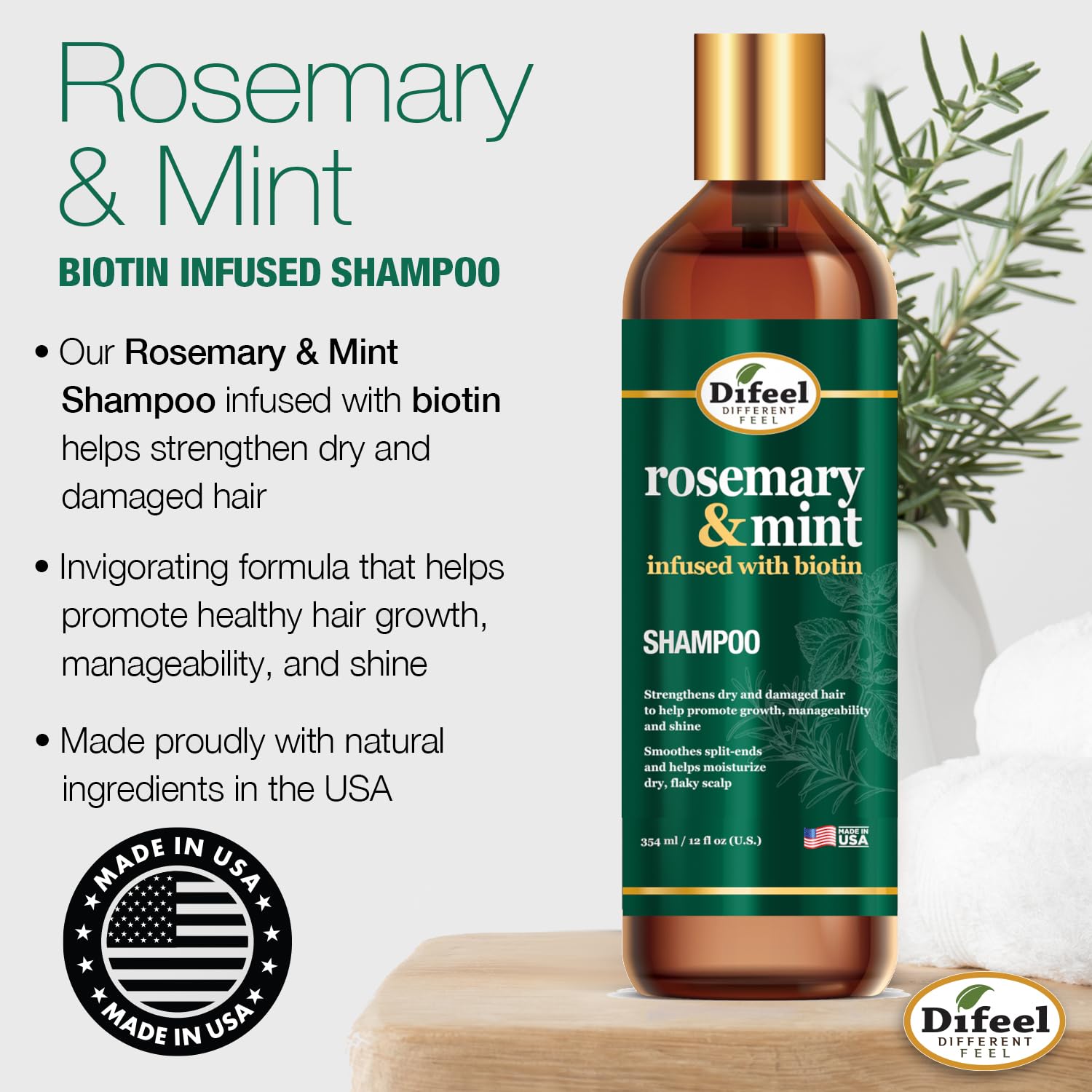 Difeel Elevated Rosemary Mint Shampoo with Biotin – Strengthen Dry & Damaged Hair (12 oz)