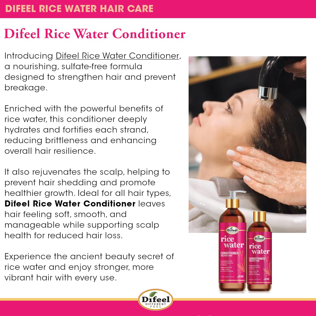 Difeel Rice Water Conditioner 33.8 oz – Strengthening, Sulfate-Free Hair Care