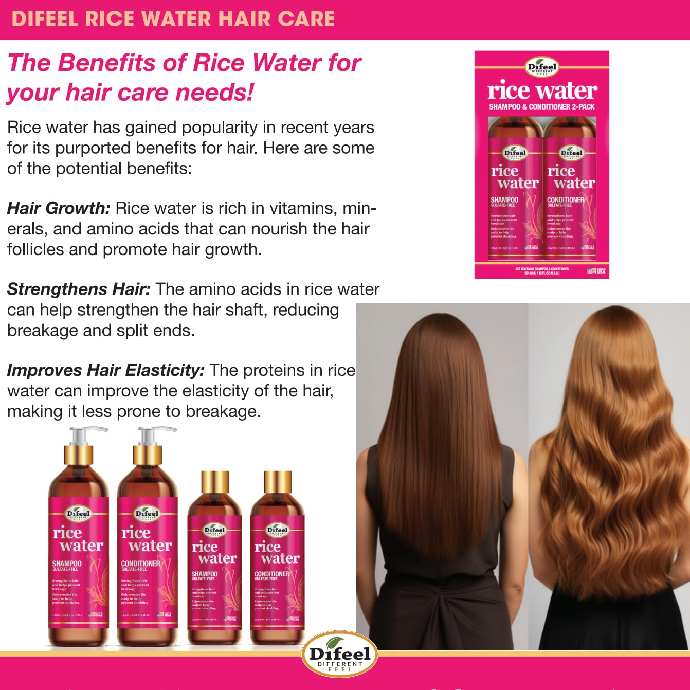 Difeel Rice Water Conditioner 33.8 oz – Strengthening, Sulfate-Free Hair Care