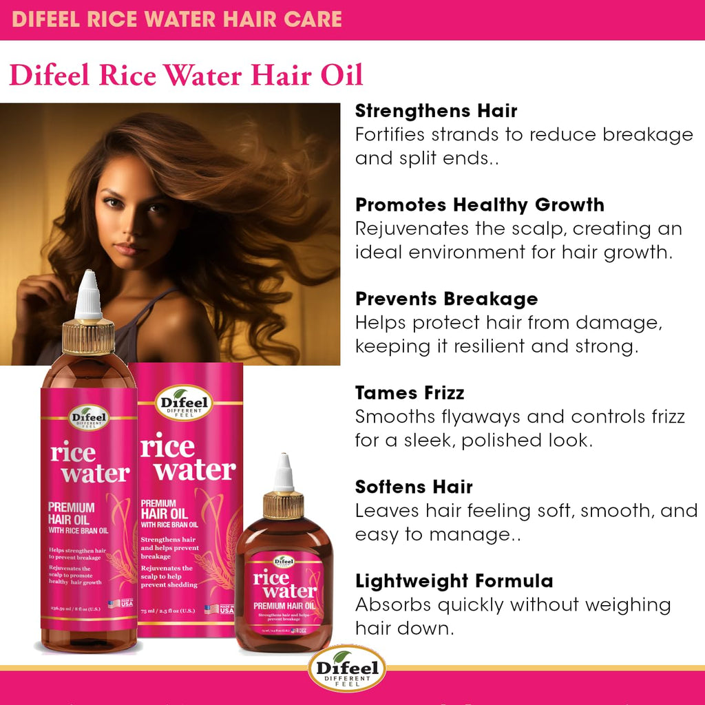 Difeel Rice Water Hair Oil 8 oz – Strengthening Moisturizer for Hair