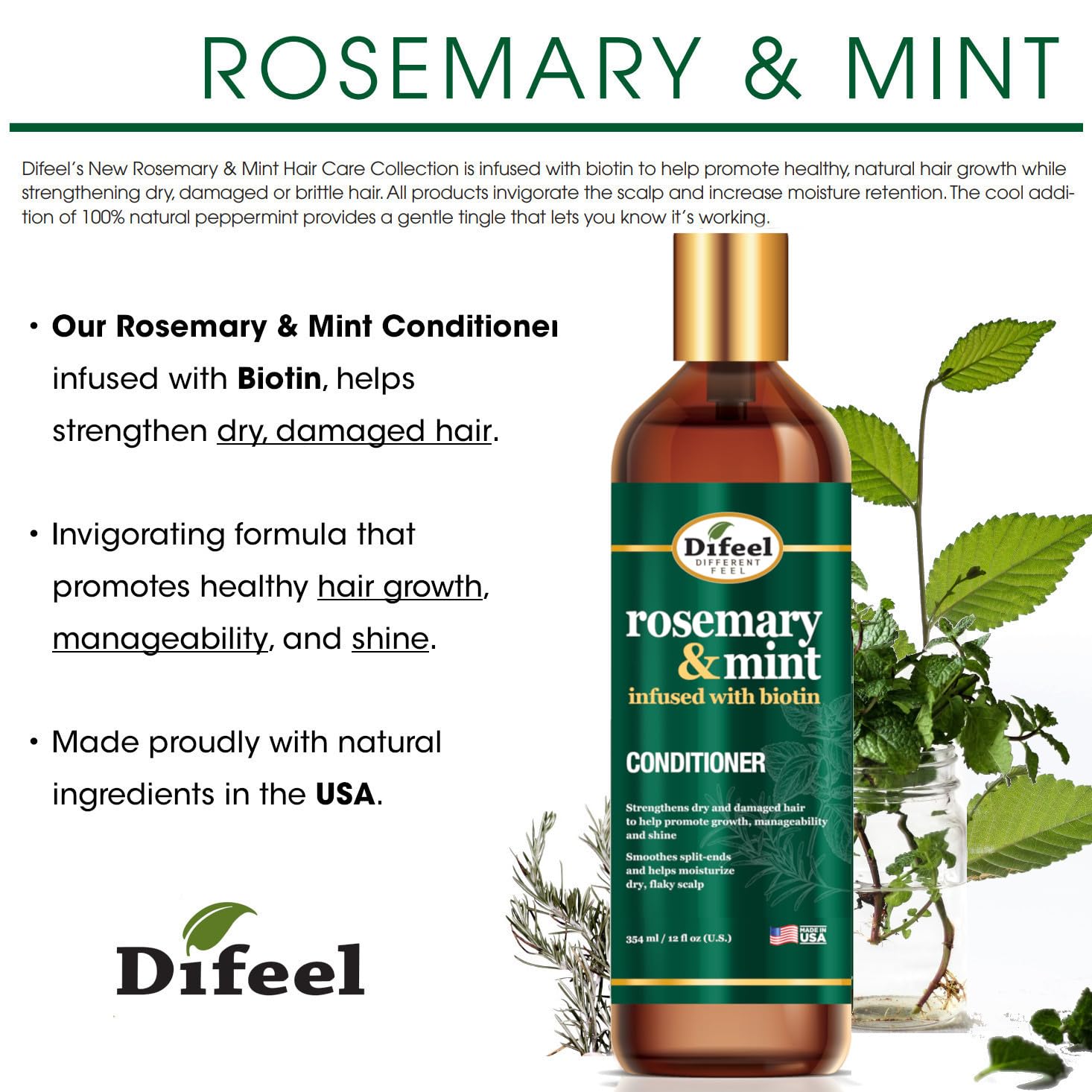 Difeel Elevated Rosemary Mint Hair Conditioner with Biotin – Strengthen Dry, Damaged Hair